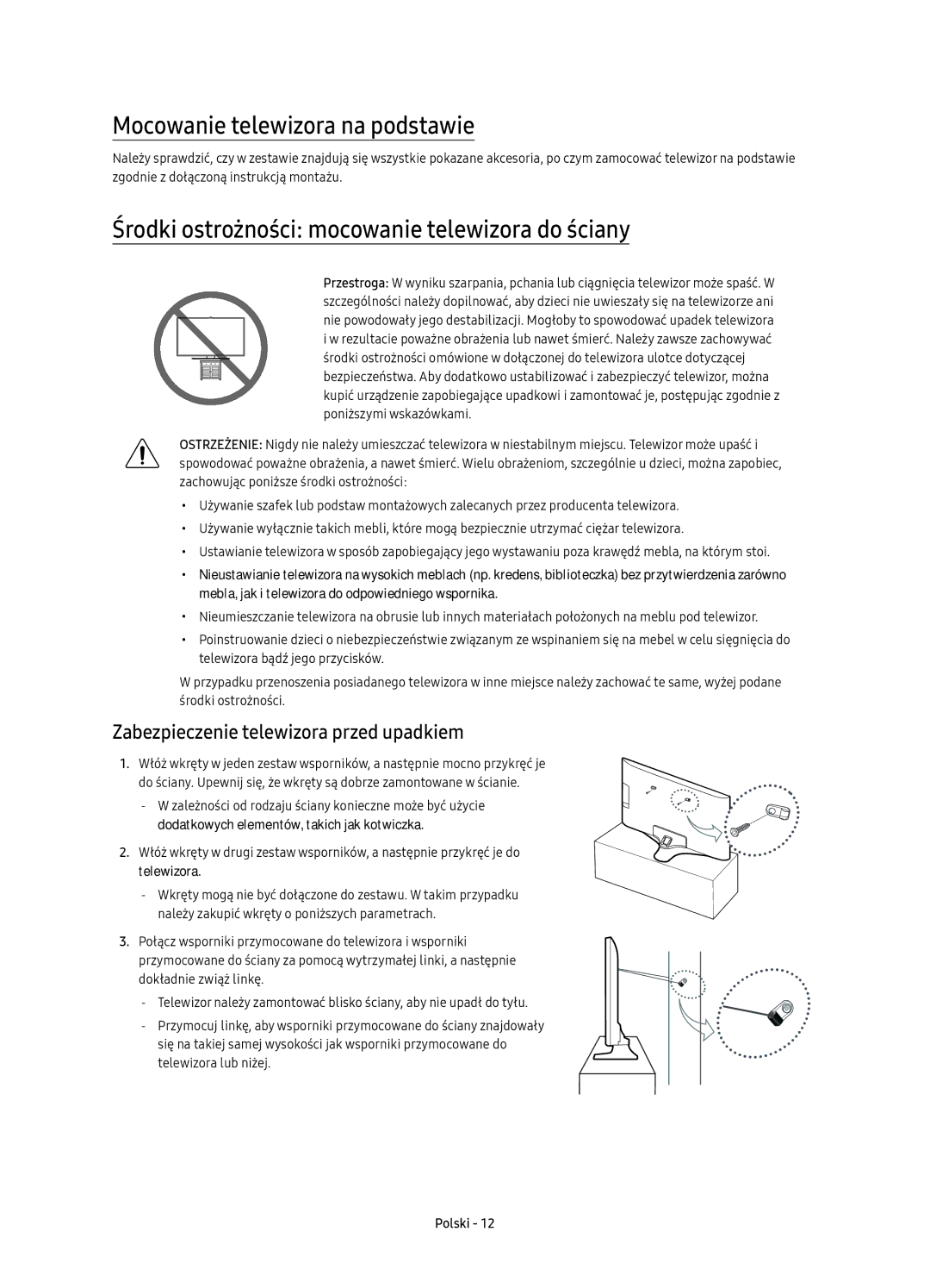 Samsung UE50KU6020WXXN manual Mocowanie telewizora na podstawie, Środki ostrożności mocowanie telewizora do ściany 