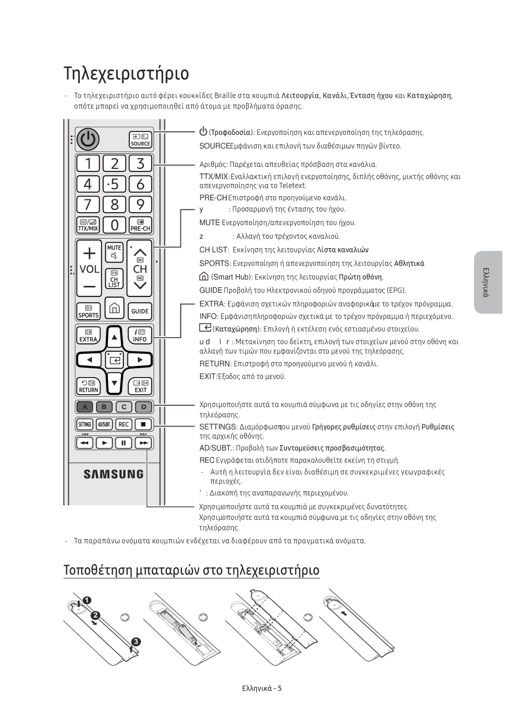 Samsung UE65KU6072UXXH, UE50KU6000WXXH, UE43KU6000WXXH manual Τηλεχειριστήριο, Τοποθέτηση μπαταριών στο τηλεχειριστήριο 