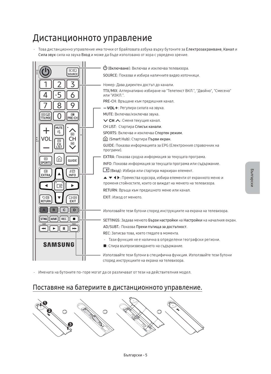 Samsung UE70KU6000WXXH, UE50KU6000WXXH manual Дистанционното управление, Поставяне на батериите в дистанционното управление 