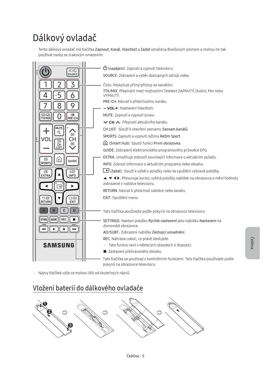 Samsung UE43KU6072UXXH Dálkový ovladač, Vložení baterií do dálkového ovladače, Smart Hub Spustí funkci První obrazovka 