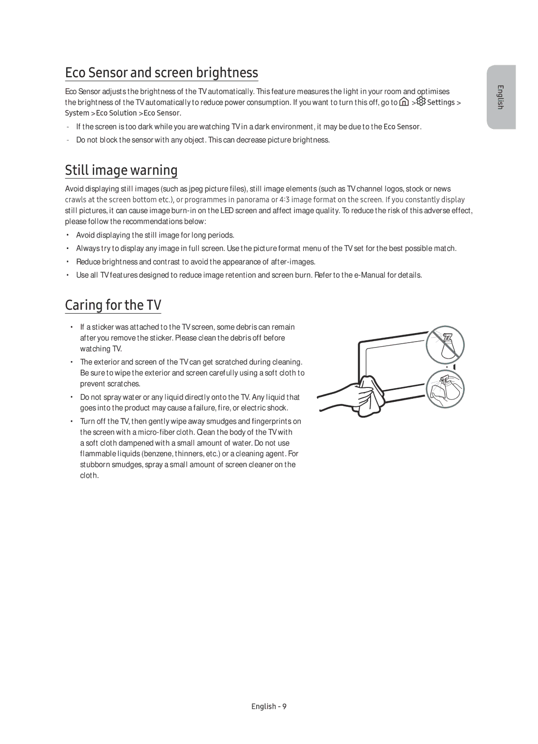 Samsung UE50KU6072UXXH manual Eco Sensor and screen brightness, Still image warning, Caring for the TV, Prevent scratches 