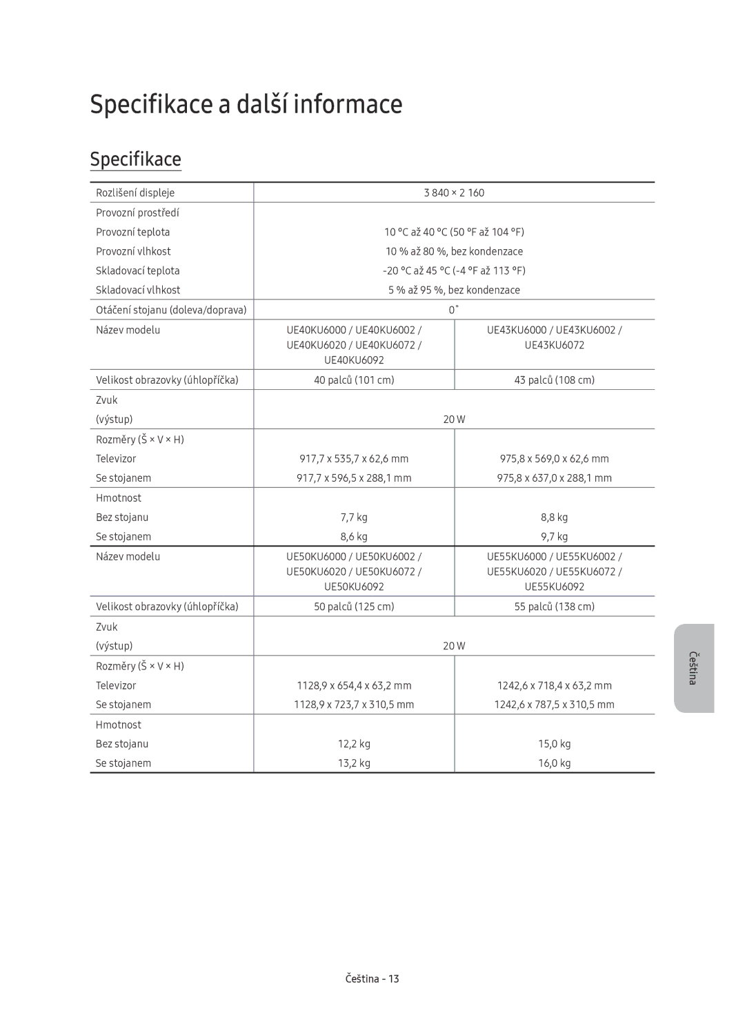 Samsung UE43KU6000WXXN, UE50KU6000WXXH, UE43KU6000WXXH, UE43KU6072UXXH, UE70KU6000WXXH manual Specifikace a další informace 