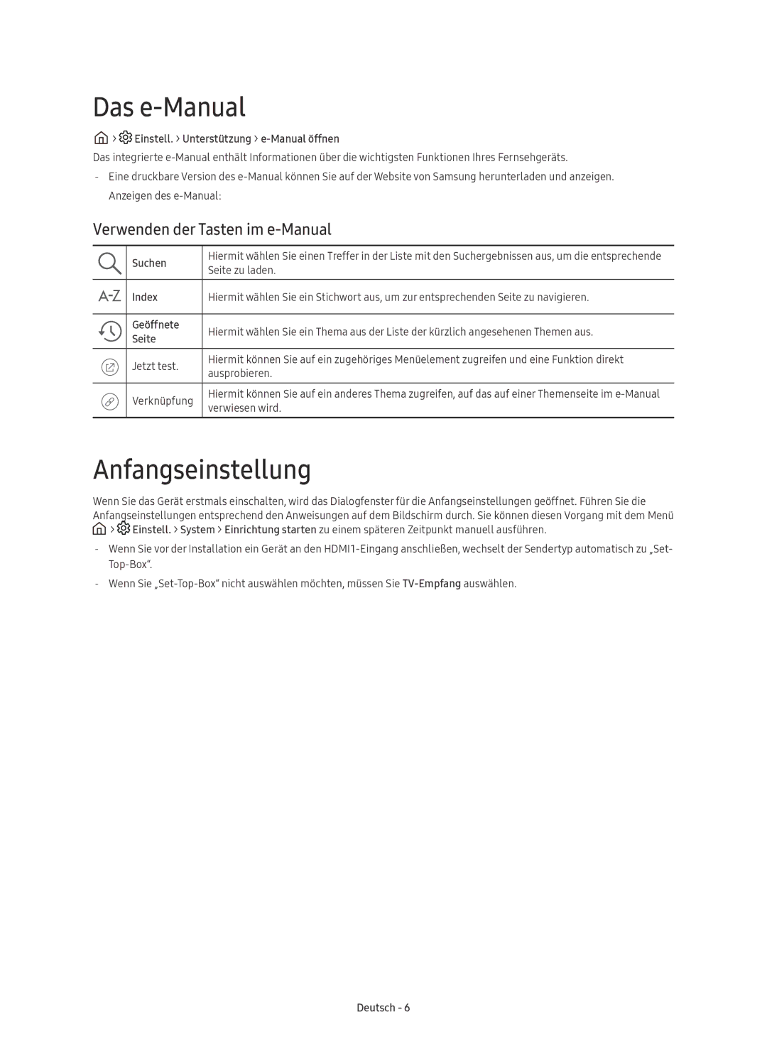 Samsung UE55KU6020WXXN, UE50KU6000WXXH, UE43KU6000WXXH Das e-Manual, Anfangseinstellung, Verwenden der Tasten im e-Manual 