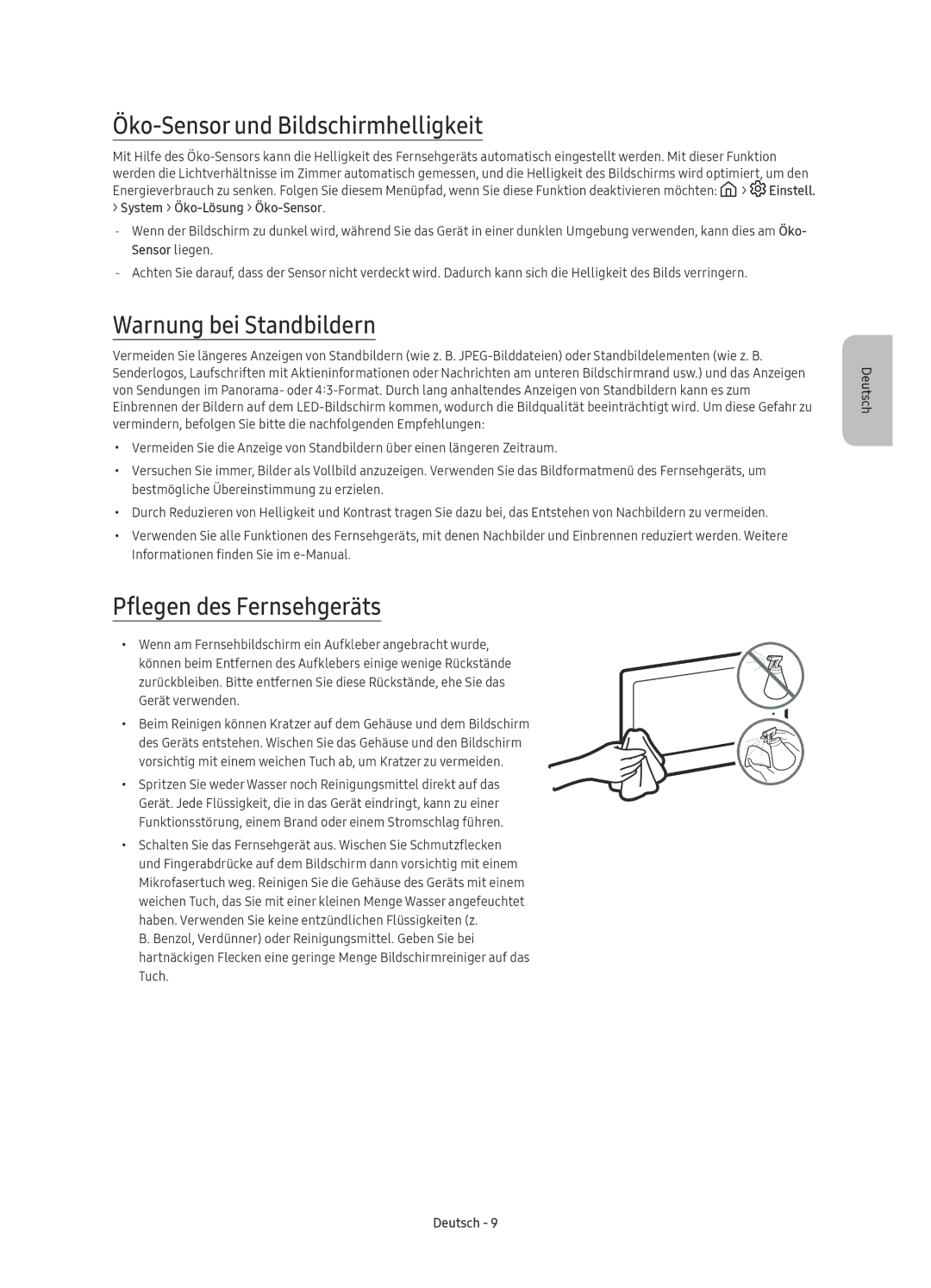 Samsung UE65KU6000WXXN manual Öko-Sensor und Bildschirmhelligkeit, Warnung bei Standbildern, Pflegen des Fernsehgeräts 