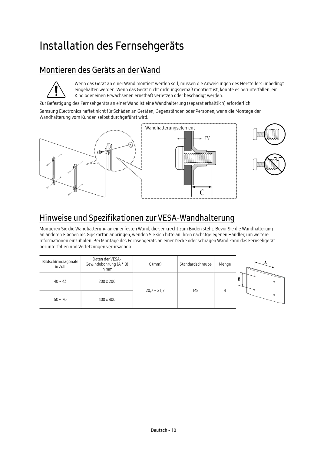 Samsung UE60KU6000WXXN, UE50KU6000WXXH, UE43KU6000WXXH Installation des Fernsehgeräts, Montieren des Geräts an der Wand 