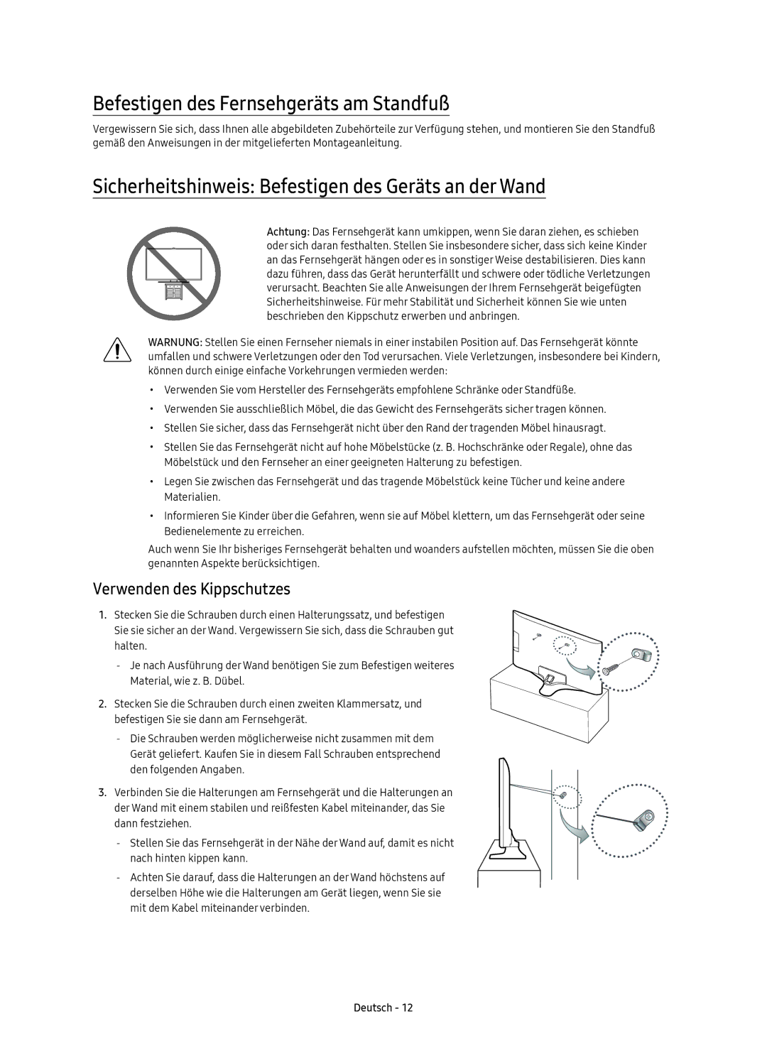 Samsung UE50KU6000WXXH Befestigen des Fernsehgeräts am Standfuß, Sicherheitshinweis Befestigen des Geräts an der Wand 