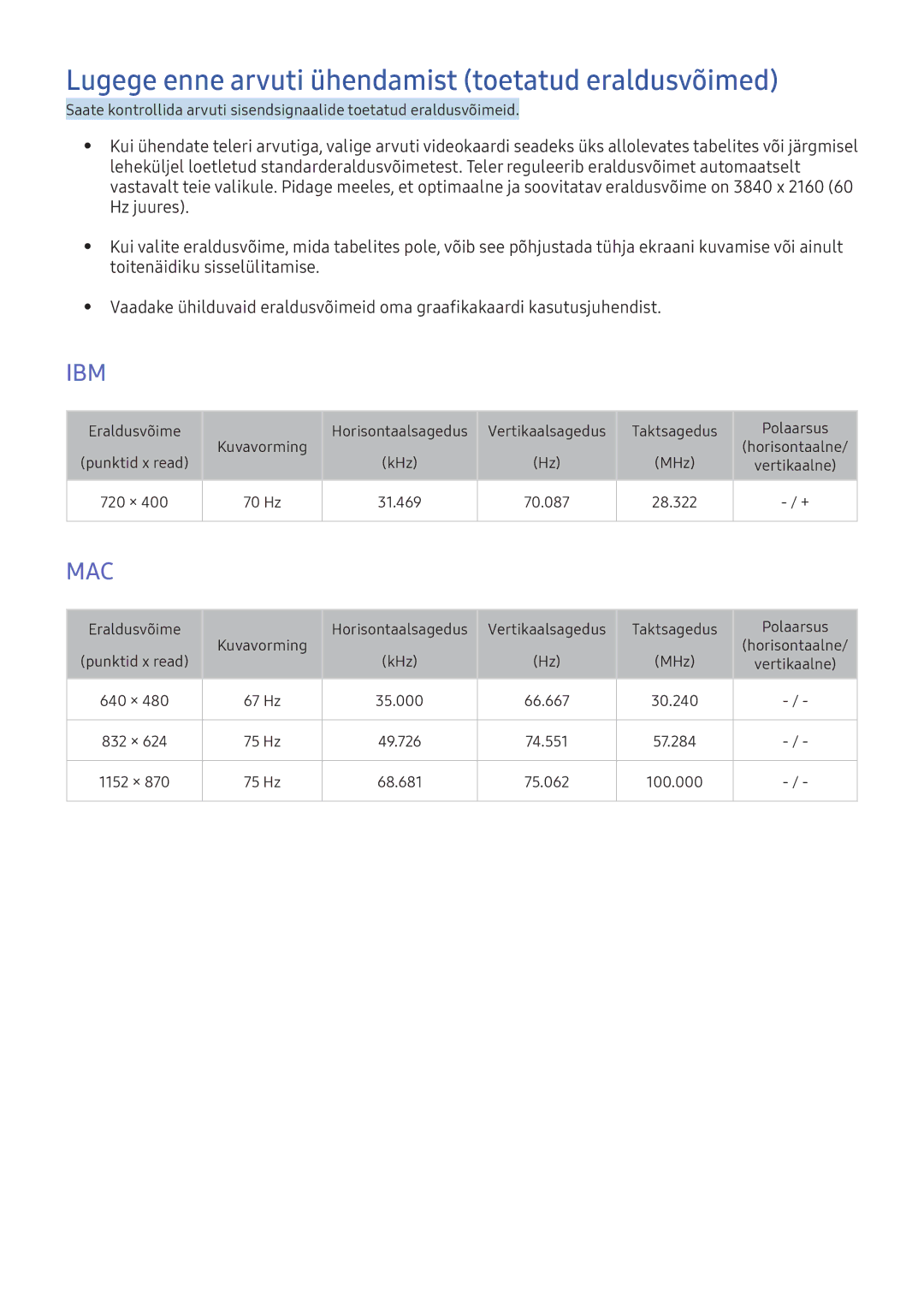 Samsung UE65KU6172UXXH manual Lugege enne arvuti ühendamist toetatud eraldusvõimed, Hz juures, Toitenäidiku sisselülitamise 