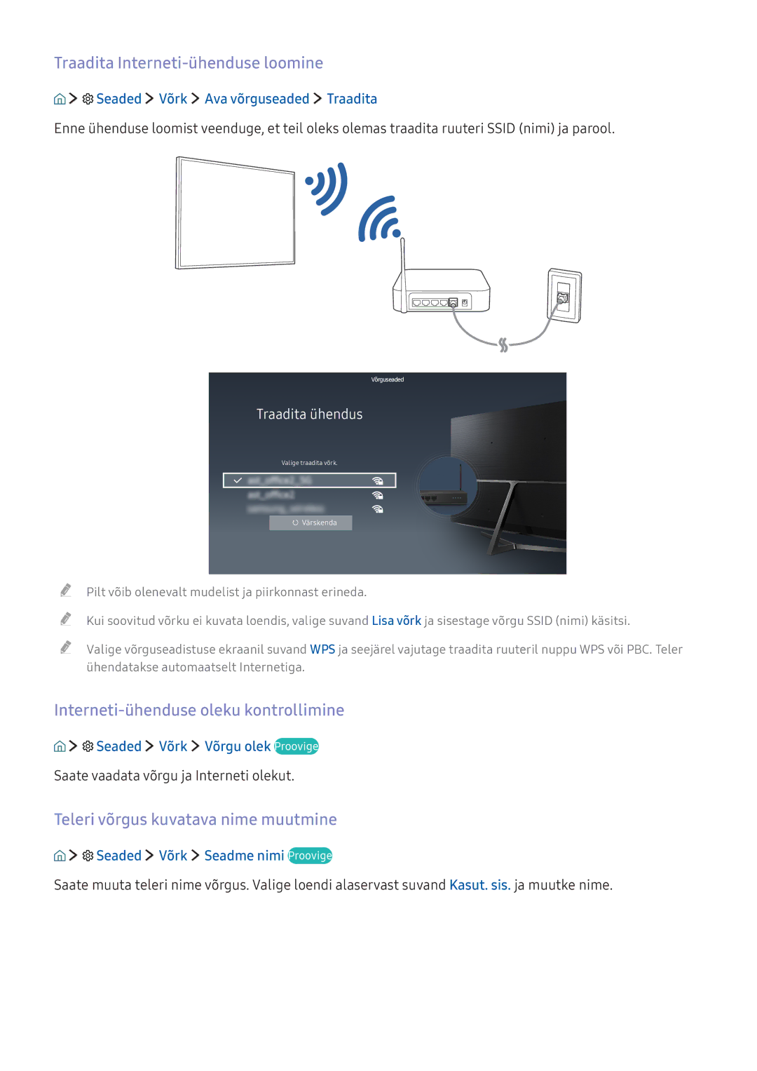 Samsung UE40KU6000WXXH, UE50KU6000WXXH manual Traadita Interneti-ühenduse loomine, Interneti-ühenduse oleku kontrollimine 