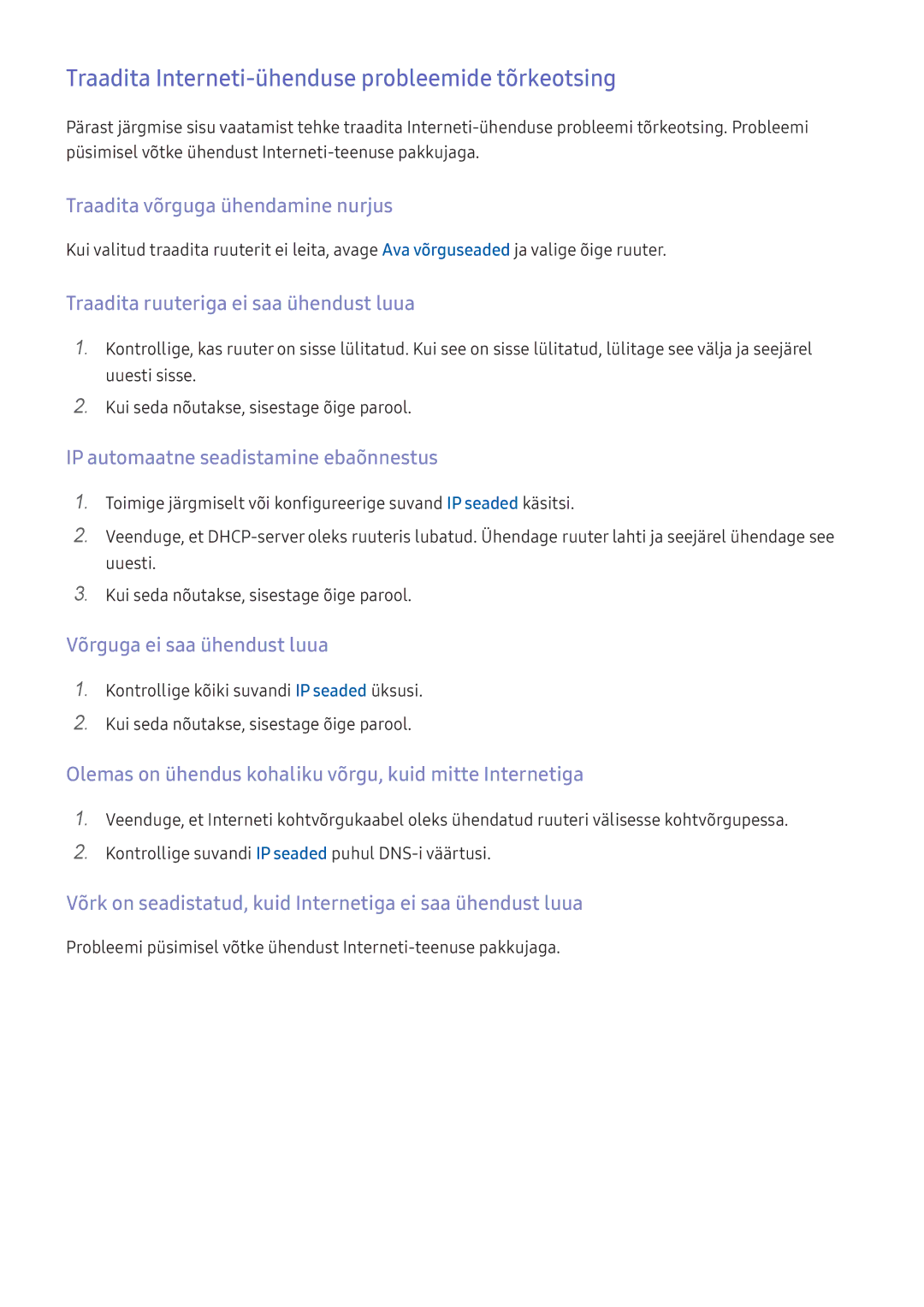 Samsung UE55KU6072UXXH manual Traadita Interneti-ühenduse probleemide tõrkeotsing, Traadita võrguga ühendamine nurjus 