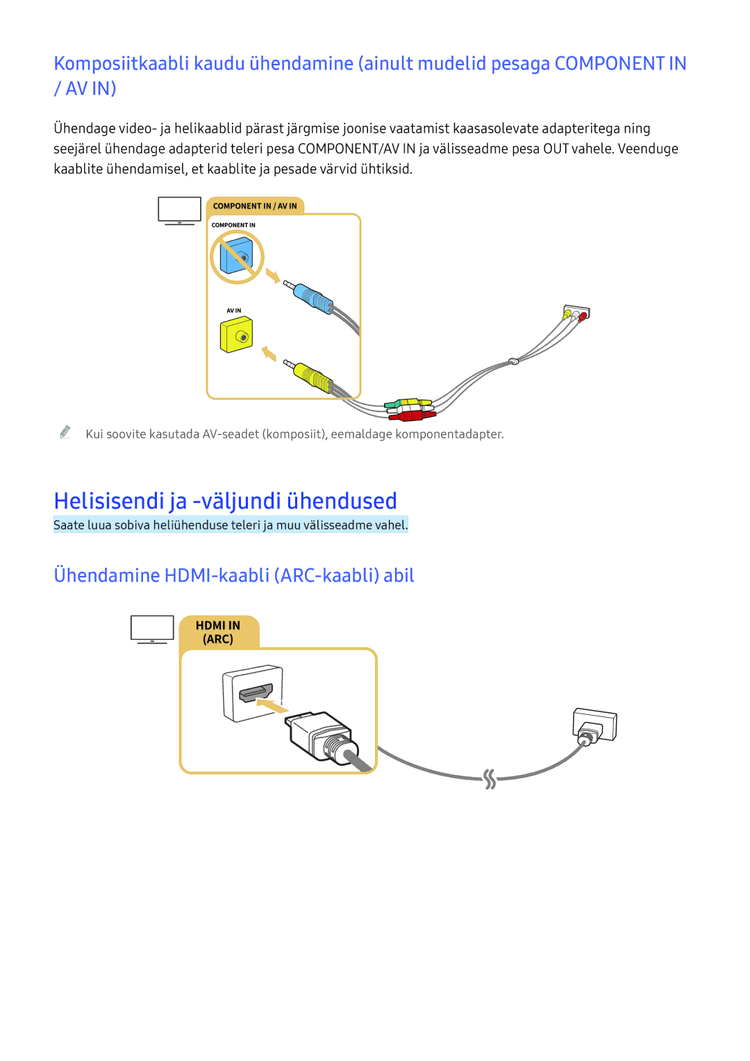 Samsung UE50KU6072UXXH, UE50KU6000WXXH manual Helisisendi ja -väljundi ühendused, Ühendamine HDMI-kaabli ARC-kaabli abil 