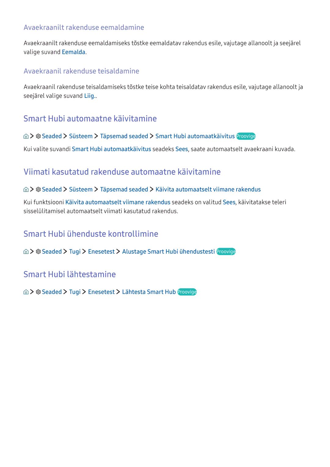 Samsung UE40KU6072UXXH manual Smart Hubi automaatne käivitamine, Viimati kasutatud rakenduse automaatne käivitamine 