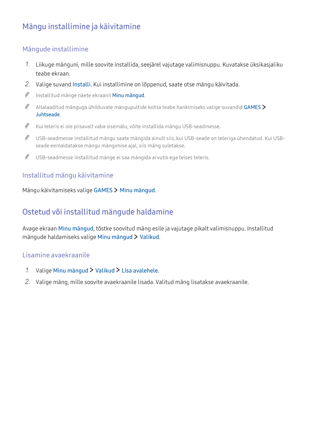 Samsung UE78KS9002TXXH Mängu installimine ja käivitamine, Ostetud või installitud mängude haldamine, Mängude installimine 