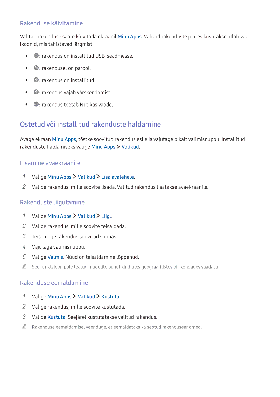 Samsung UE43KU6402UXXH manual Ostetud või installitud rakenduste haldamine, Rakenduse käivitamine, Rakenduste liigutamine 