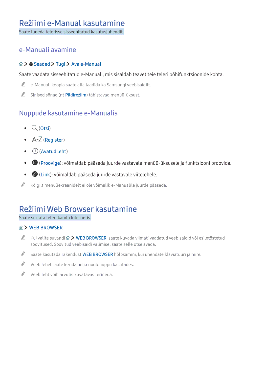 Samsung UE55KU6502UXXH, UE50KU6000WXXH manual Režiimi e-Manual kasutamine, Režiimi Web Browser kasutamine, Manuali avamine 