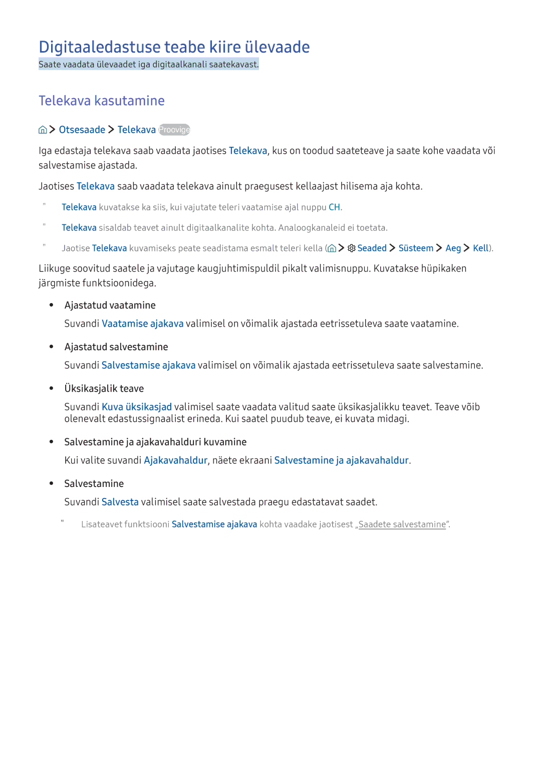 Samsung UE65KU6402UXXH manual Digitaaledastuse teabe kiire ülevaade, Telekava kasutamine, Otsesaade Telekava Proovige 