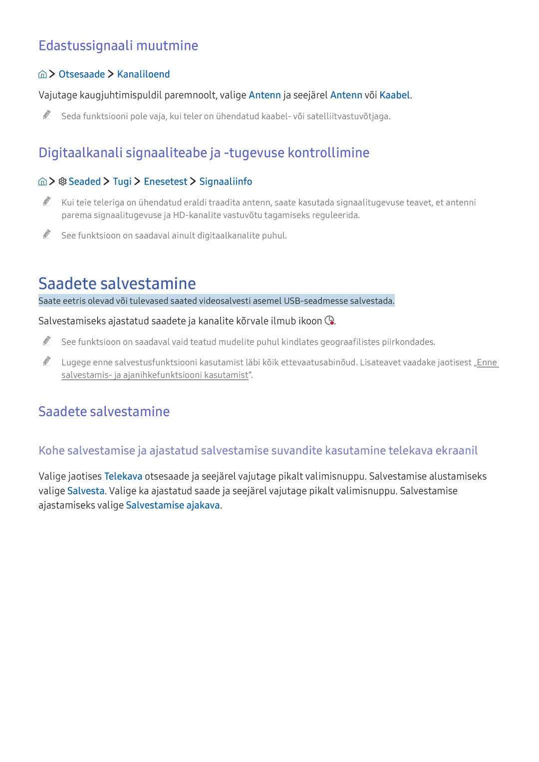 Samsung UE55KU6402UXXH, UE50KU6000WXXH, UE49KS9002TXXH, UE49KS7502UXXH manual Saadete salvestamine, Edastussignaali muutmine 