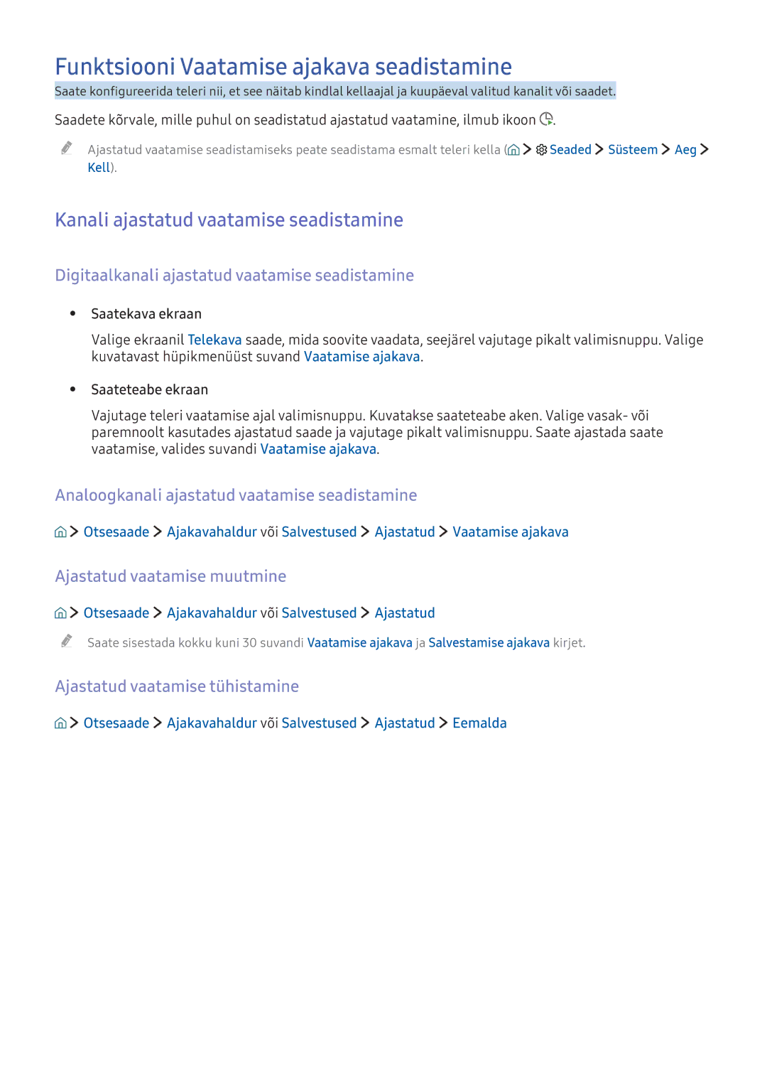 Samsung UE70KU6072UXXH, UE50KU6000WXXH Funktsiooni Vaatamise ajakava seadistamine, Kanali ajastatud vaatamise seadistamine 