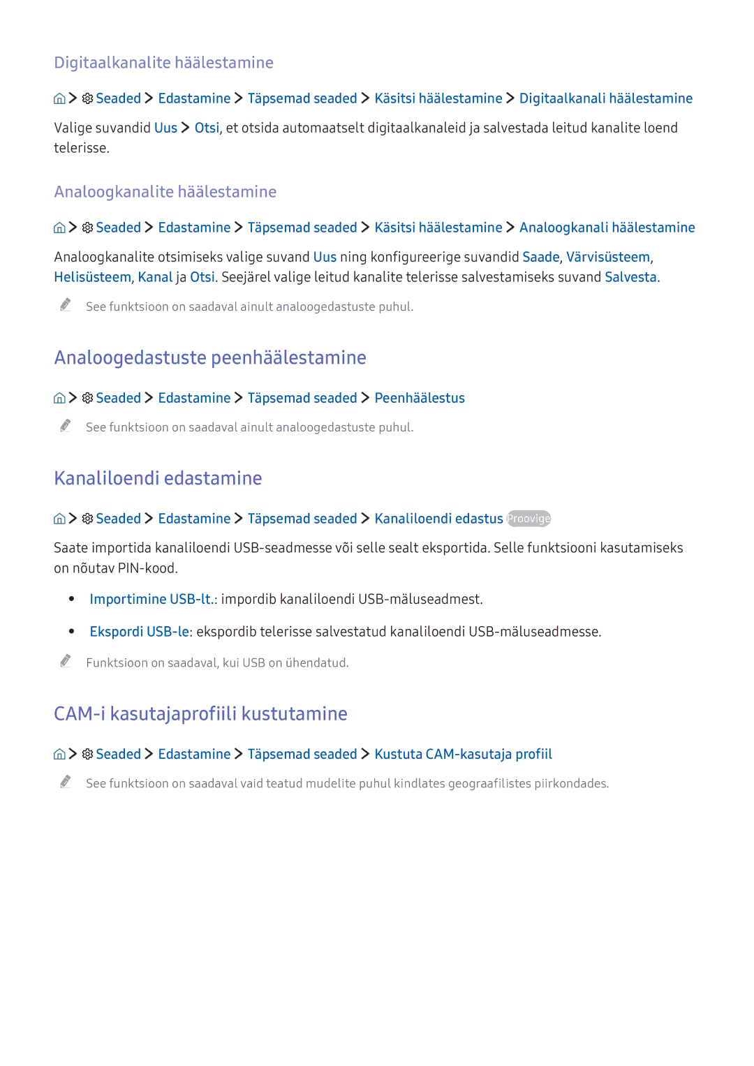 Samsung UE43KU6672UXXH Analoogedastuste peenhäälestamine, Kanaliloendi edastamine, CAM-i kasutajaprofiili kustutamine 