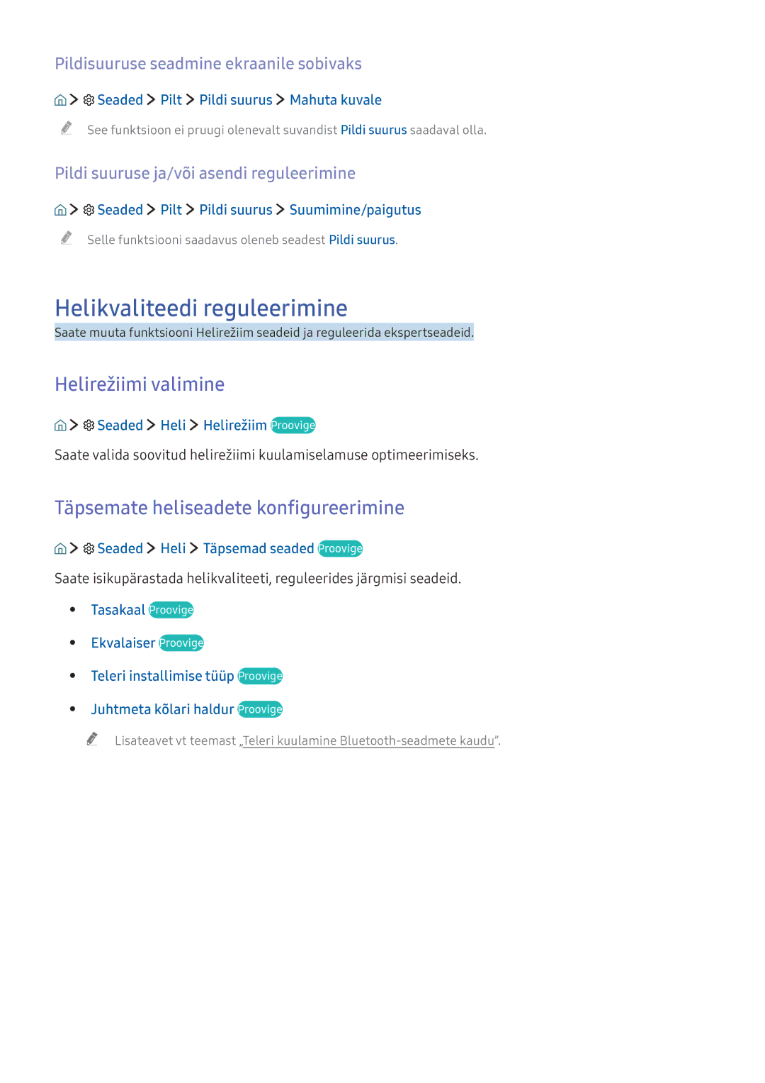 Samsung UE49KU6652UXXH manual Helikvaliteedi reguleerimine, Helirežiimi valimine, Täpsemate heliseadete konfigureerimine 