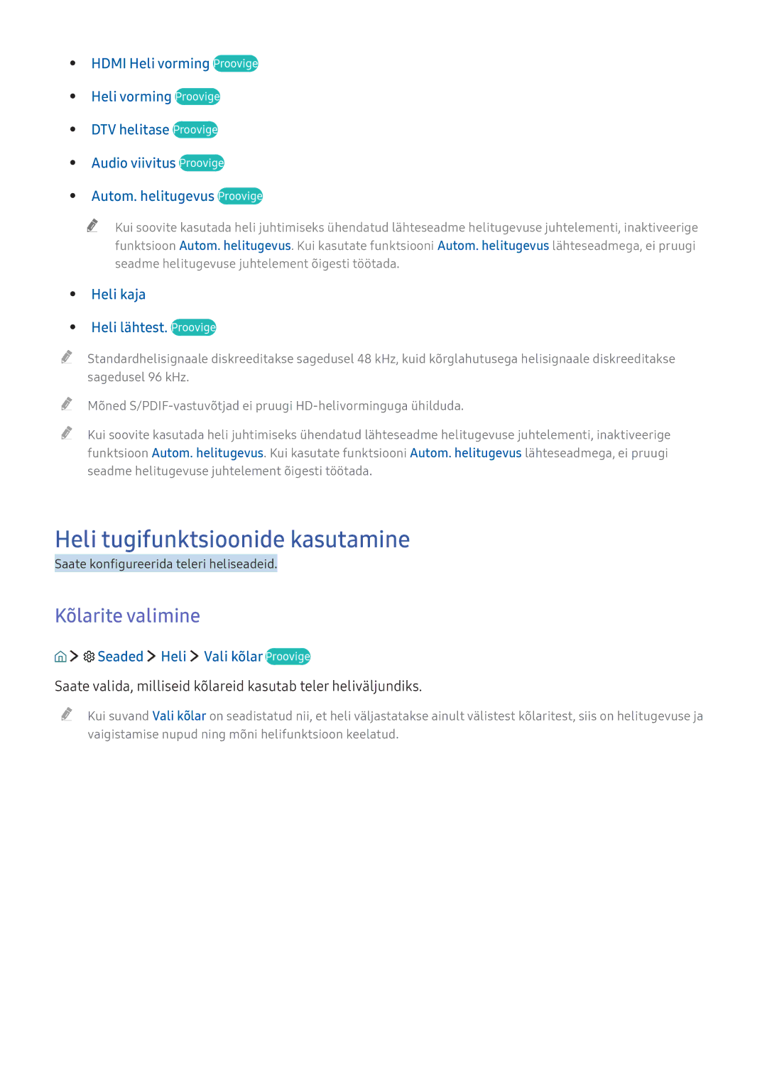 Samsung UE55KU6652UXXH, UE50KU6000WXXH, UE49KS9002TXXH, UE49KS7502UXXH Heli tugifunktsioonide kasutamine, Kõlarite valimine 