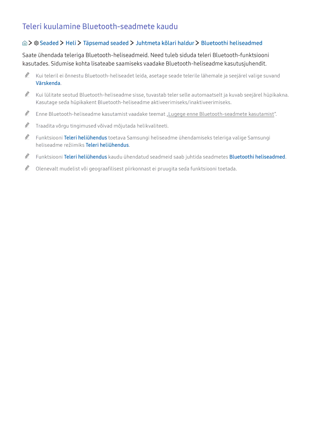 Samsung UE43KU6642UXXH, UE50KU6000WXXH, UE49KS9002TXXH, UE49KS7502UXXH manual Teleri kuulamine Bluetooth-seadmete kaudu 