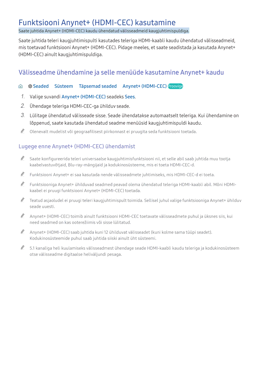 Samsung UE49KS9002TXXH, UE50KU6000WXXH Funktsiooni Anynet+ HDMI-CEC kasutamine, Lugege enne Anynet+ HDMI-CEC ühendamist 