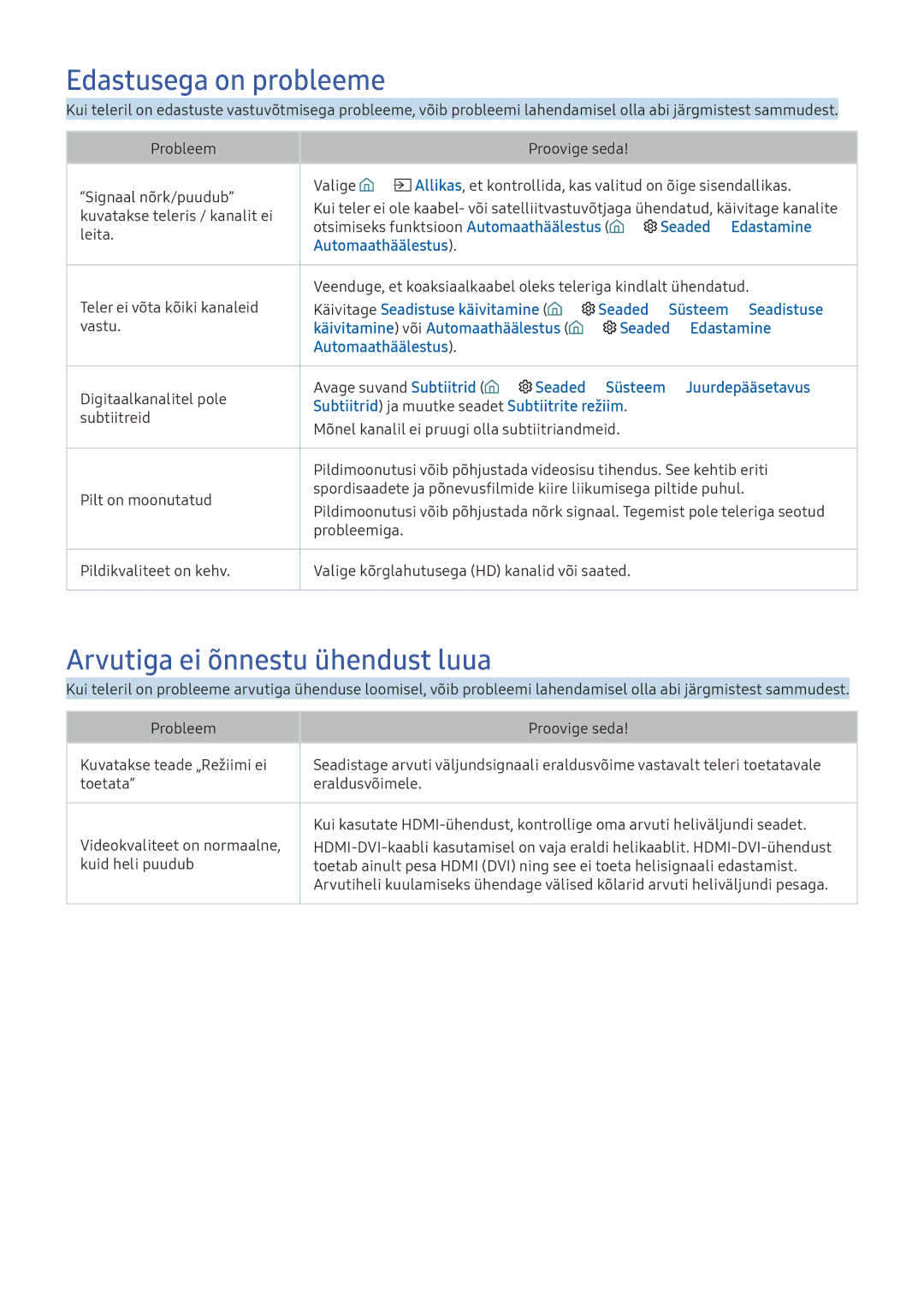 Samsung UE65KU6502UXXH, UE50KU6000WXXH, UE49KS9002TXXH manual Edastusega on probleeme, Arvutiga ei õnnestu ühendust luua 