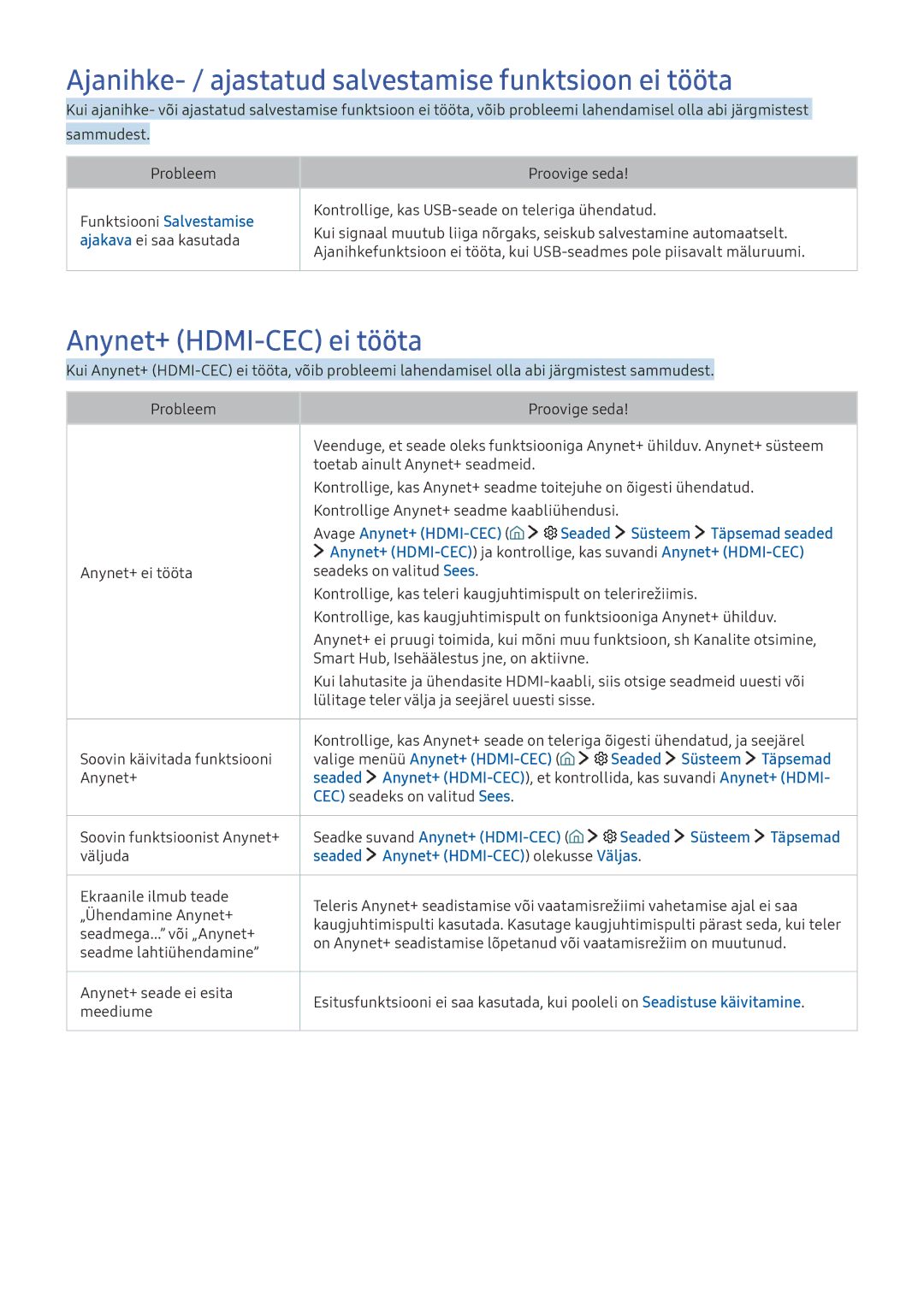 Samsung UE78KU6502UXXH, UE50KU6000WXXH Ajanihke- / ajastatud salvestamise funktsioon ei tööta, Anynet+ HDMI-CEC ei tööta 