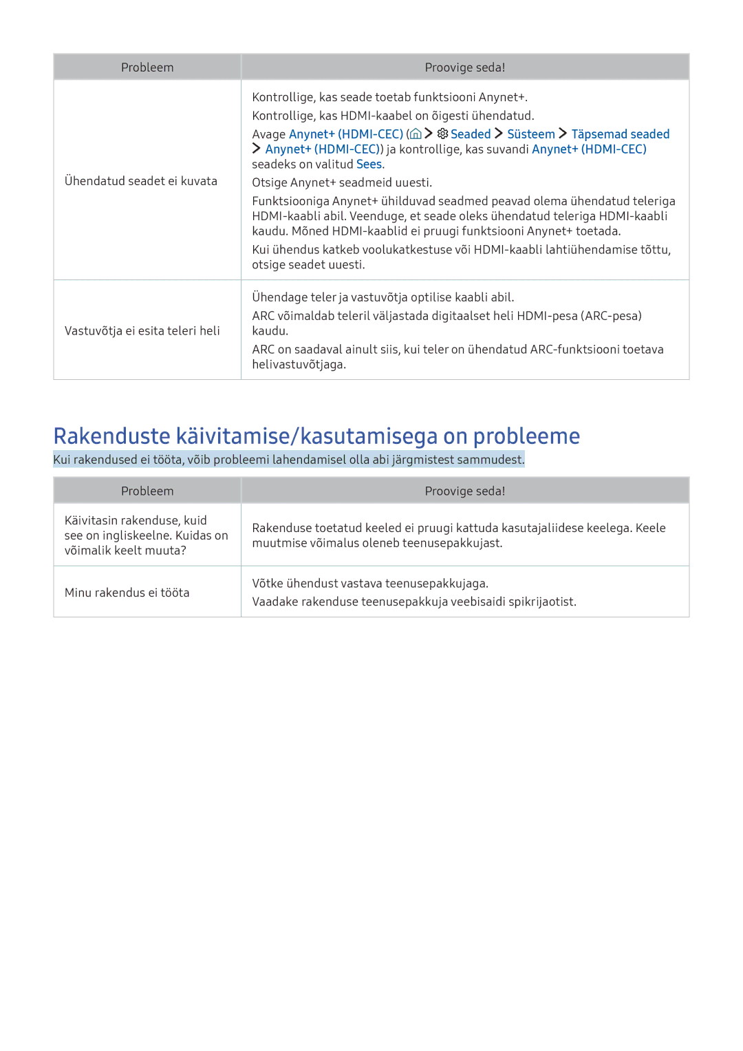 Samsung UE65KS9002TXXH, UE50KU6000WXXH, UE49KS9002TXXH, UE49KS7502UXXH manual Rakenduste käivitamise/kasutamisega on probleeme 