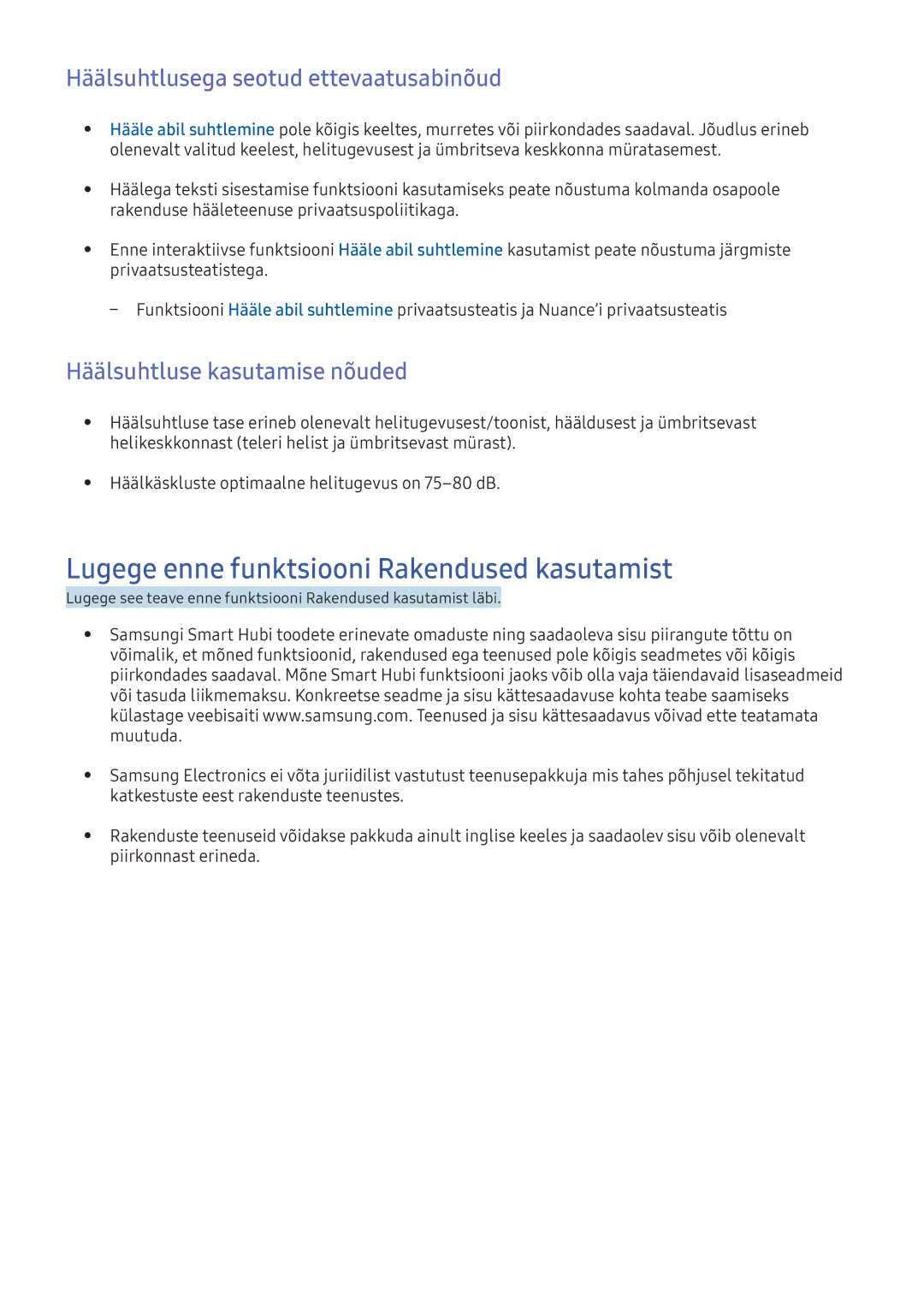 Samsung UE40KU6072UXXH manual Lugege enne funktsiooni Rakendused kasutamist, Häälsuhtlusega seotud ettevaatusabinõud 