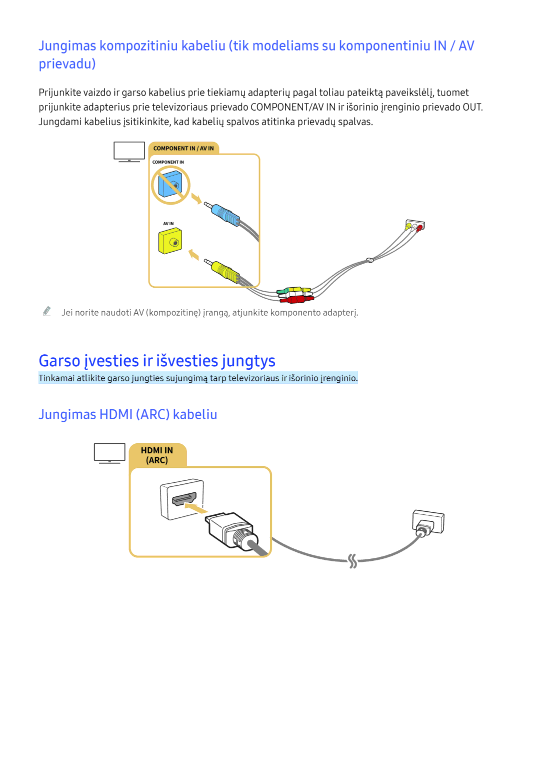 Samsung UE50KU6072UXXH, UE50KU6000WXXH, UE49KS9002TXXH manual Garso įvesties ir išvesties jungtys, Jungimas Hdmi ARC kabeliu 