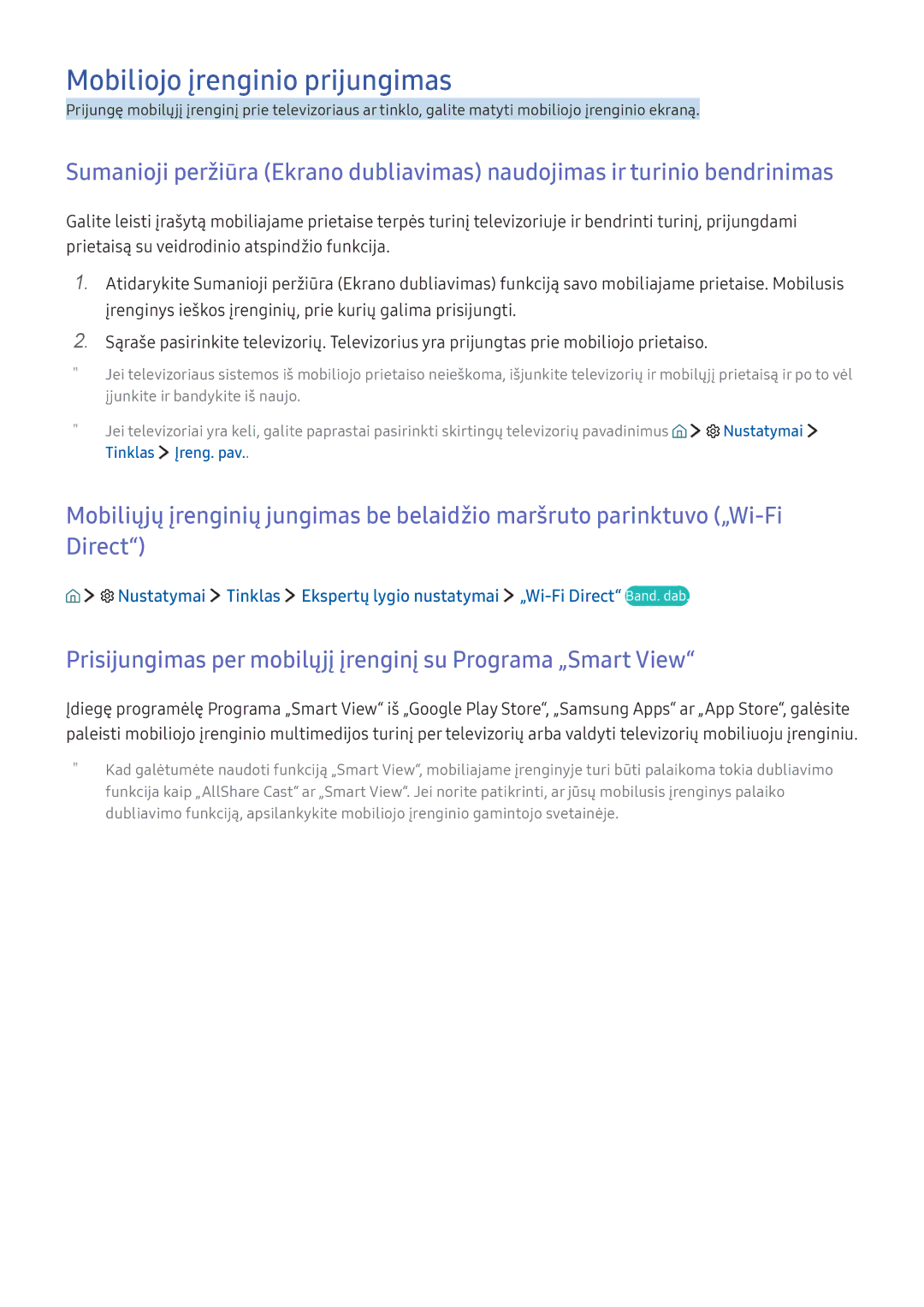 Samsung UE49KS7002UXXH manual Mobiliojo įrenginio prijungimas, Prisijungimas per mobilųjį įrenginį su Programa „Smart View 