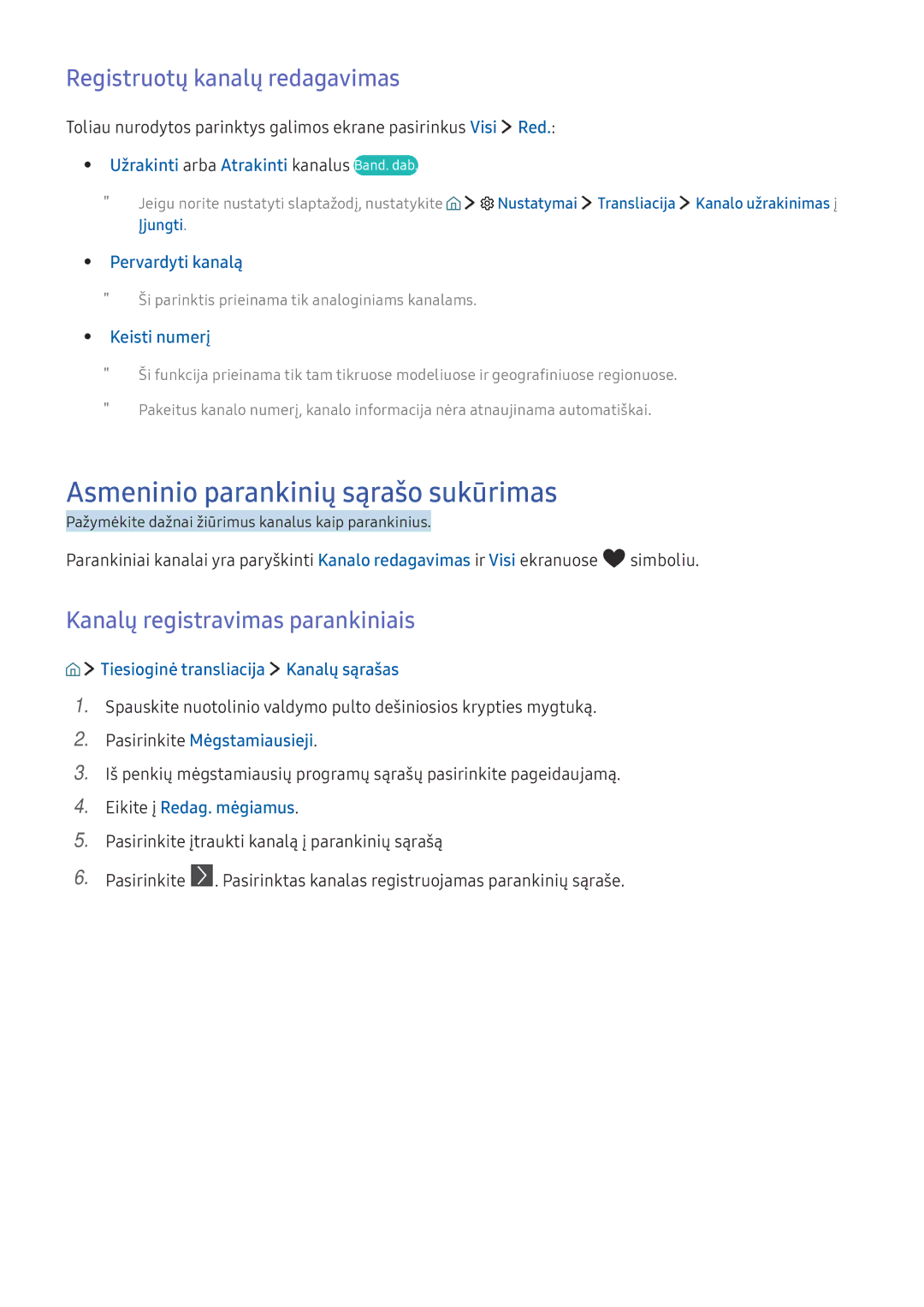 Samsung UE49KU6472UXXH, UE50KU6000WXXH manual Asmeninio parankinių sąrašo sukūrimas, Registruotų kanalų redagavimas 