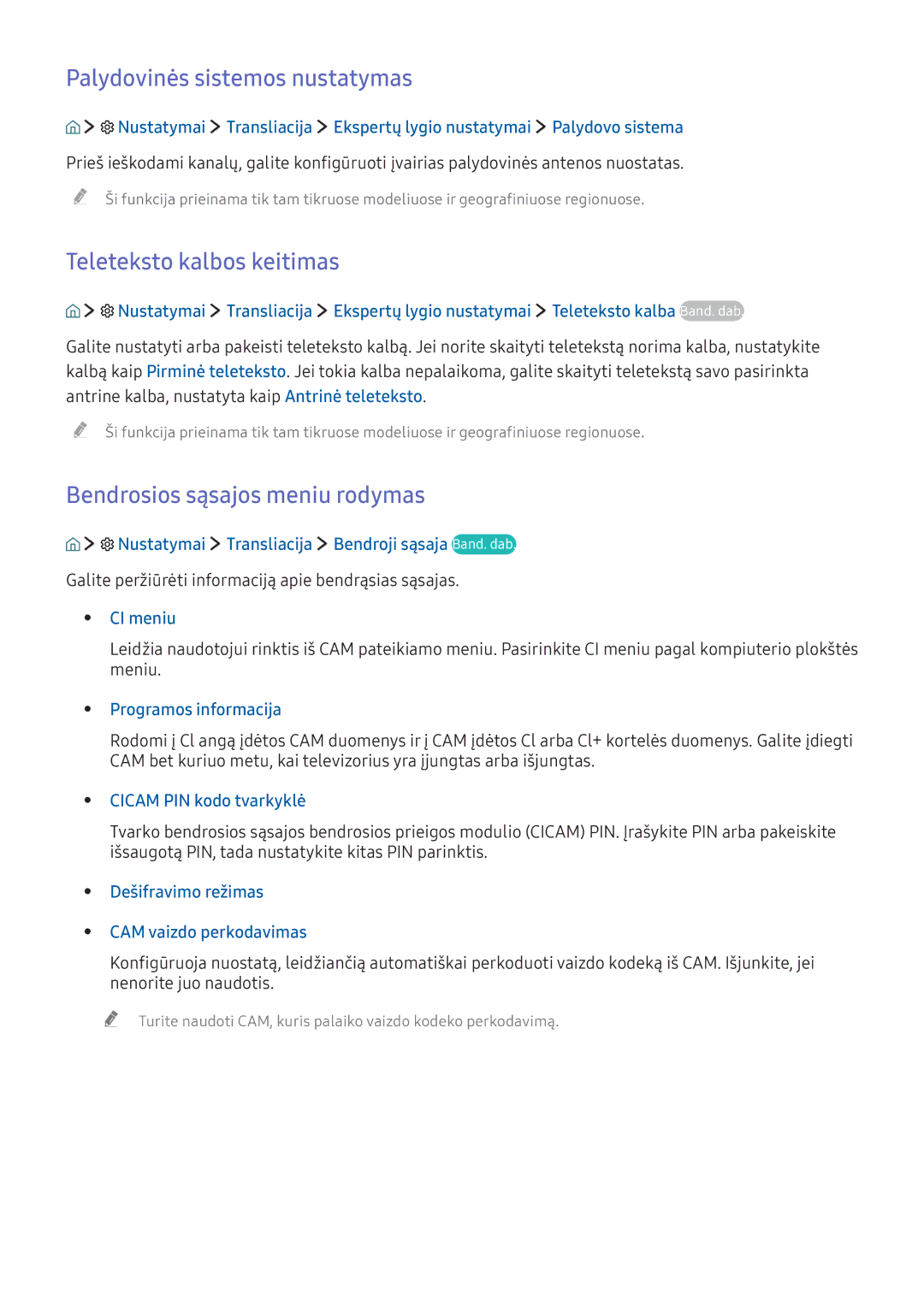 Samsung UE40KU6472UXXH manual Palydovinės sistemos nustatymas, Teleteksto kalbos keitimas, Bendrosios sąsajos meniu rodymas 