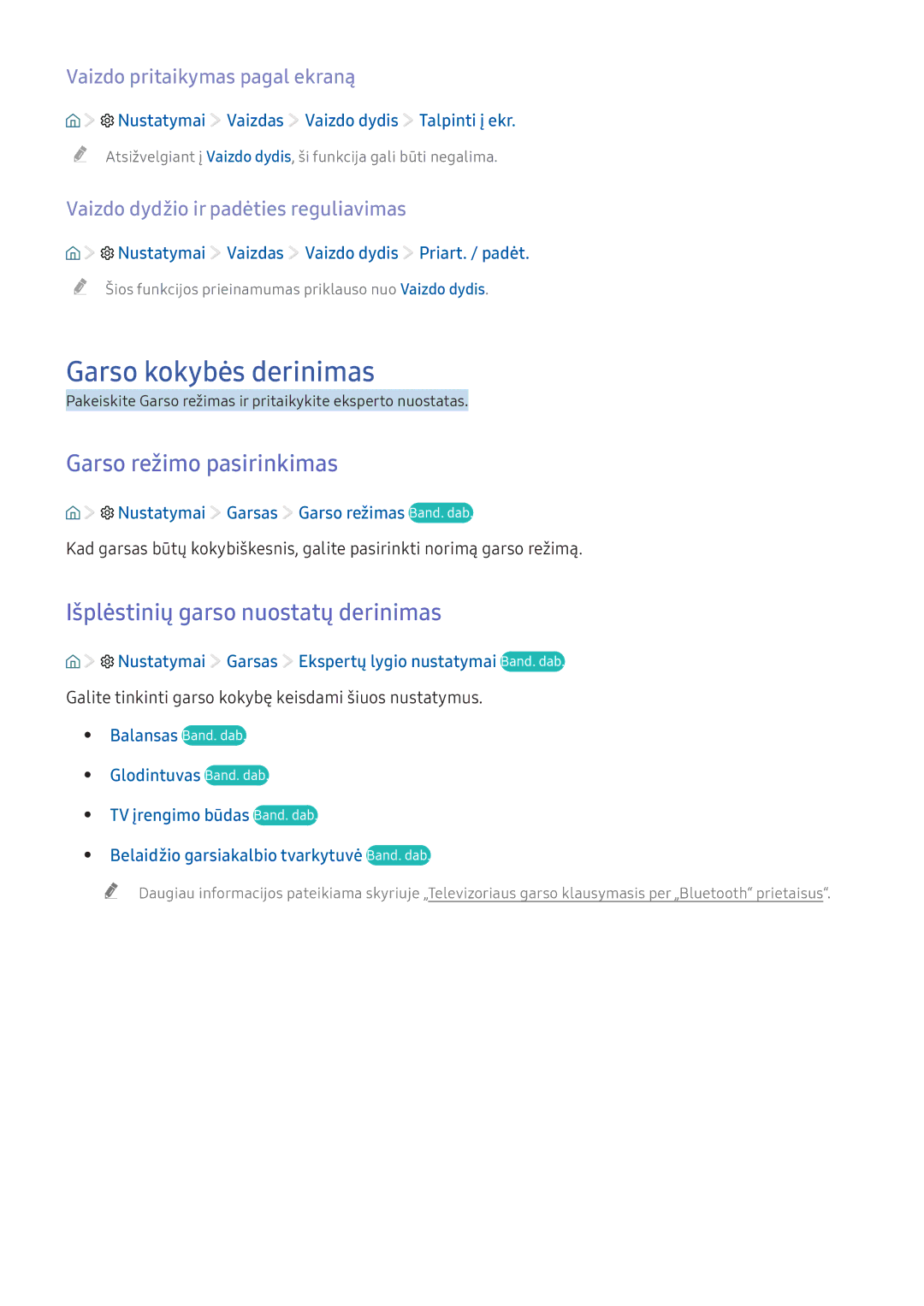 Samsung UE49KU6652UXXH manual Garso kokybės derinimas, Garso režimo pasirinkimas, Išplėstinių garso nuostatų derinimas 