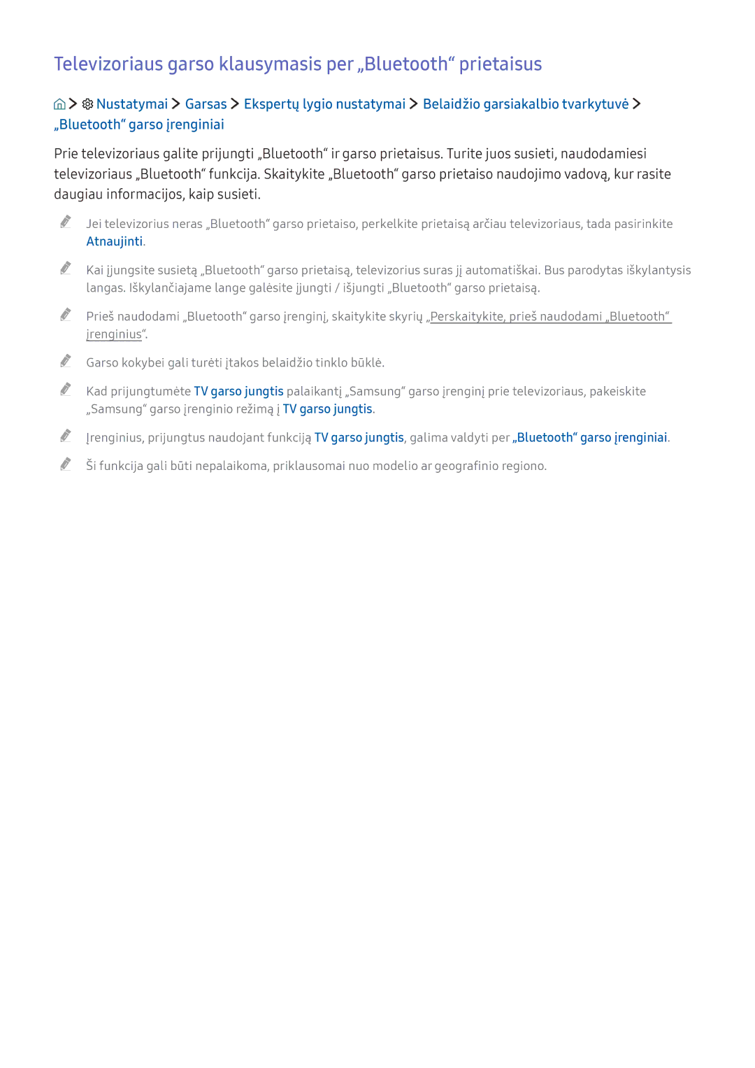 Samsung UE43KU6642UXXH, UE50KU6000WXXH, UE49KS9002TXXH manual Televizoriaus garso klausymasis per „Bluetooth prietaisus 