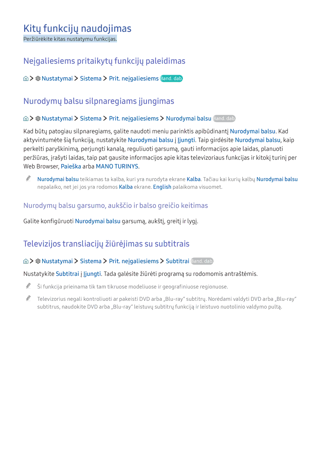 Samsung UE49KU6172UXXH, UE50KU6000WXXH manual Kitų funkcijų naudojimas, Neįgaliesiems pritaikytų funkcijų paleidimas 