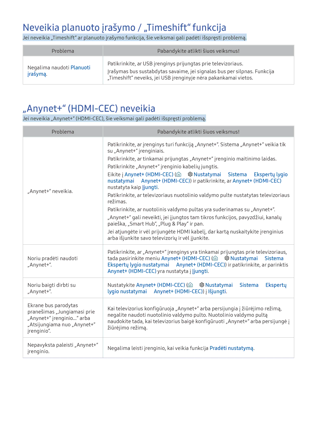 Samsung UE78KU6502UXXH, UE50KU6000WXXH manual Neveikia planuoto įrašymo / „Timeshift funkcija, „Anynet+ HDMI-CEC neveikia 