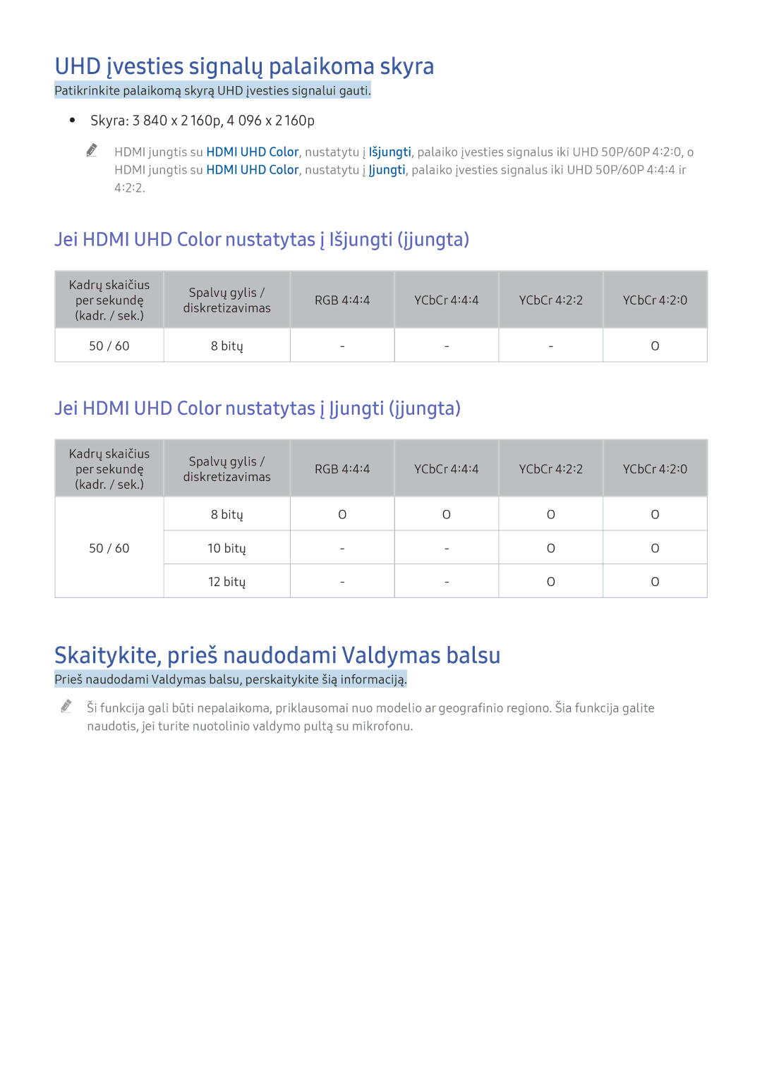 Samsung UE49KU6502UXXH, UE50KU6000WXXH UHD įvesties signalų palaikoma skyra, Skaitykite, prieš naudodami Valdymas balsu 