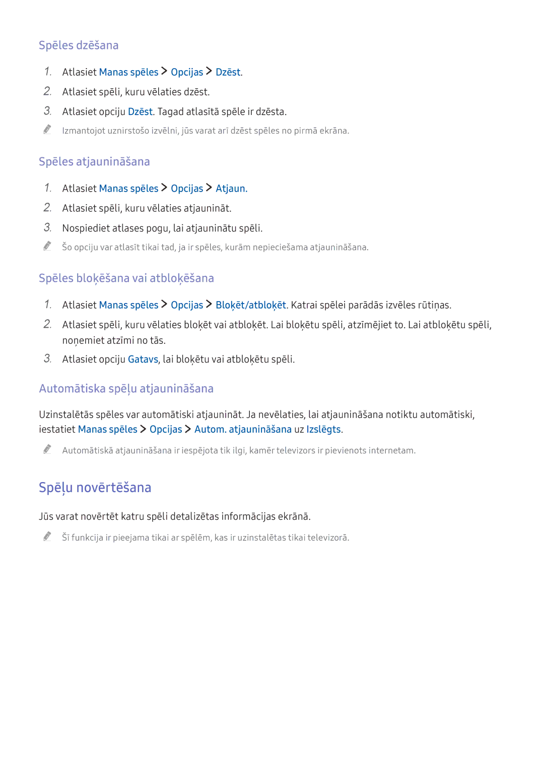 Samsung UE43KU6652UXXH manual Spēļu novērtēšana, Spēles dzēšana, Spēles atjaunināšana, Spēles bloķēšana vai atbloķēšana 
