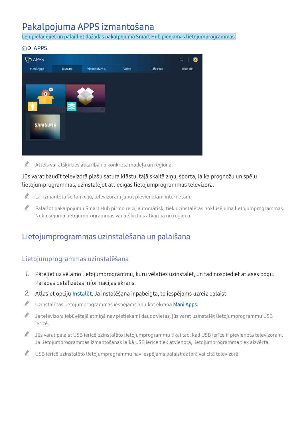 Samsung UE78KS9502TXXH, UE50KU6000WXXH manual Pakalpojuma Apps izmantošana, Lietojumprogrammas uzinstalēšana un palaišana 