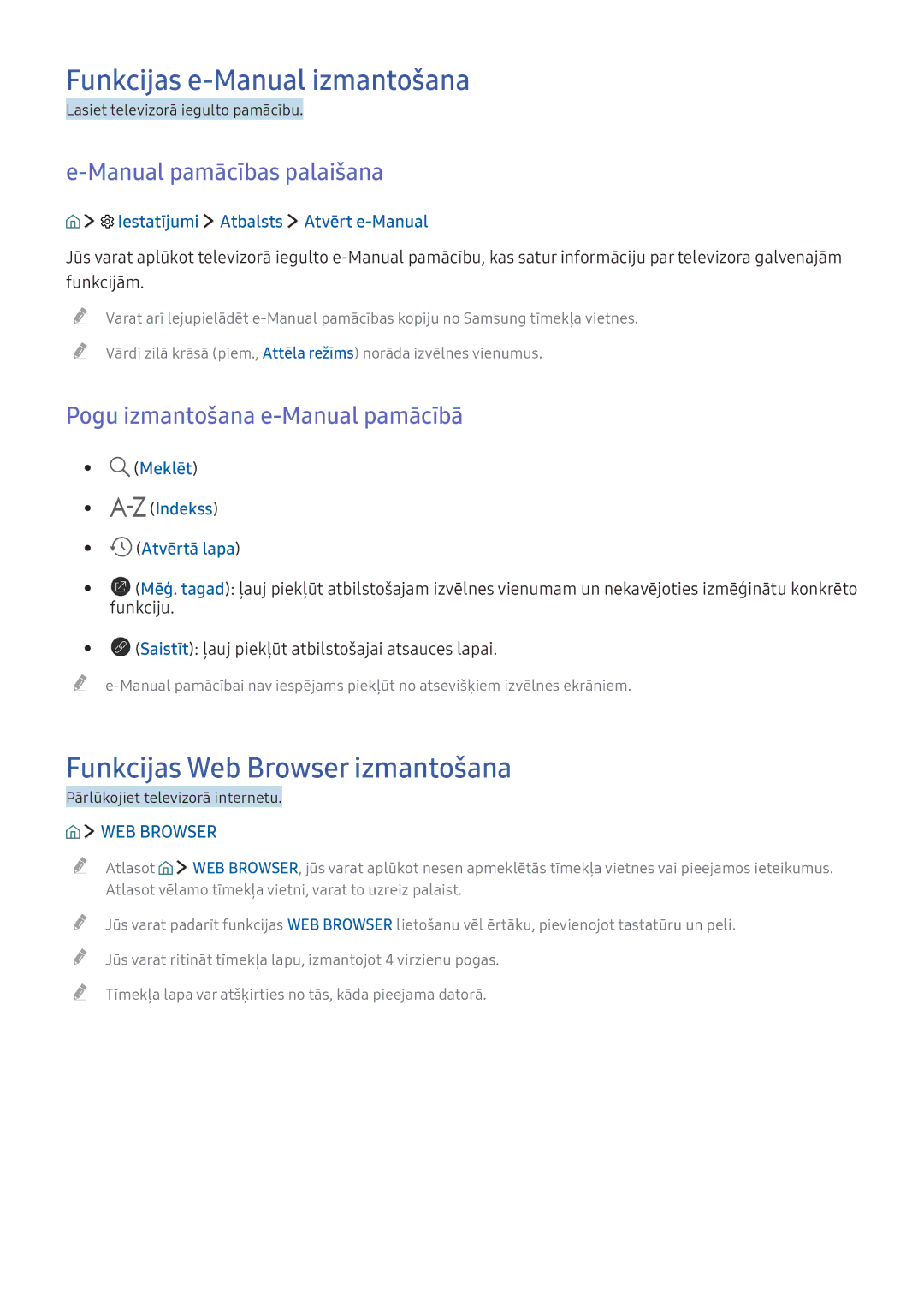 Samsung UE55KU6502UXXH manual Funkcijas e-Manual izmantošana, Funkcijas Web Browser izmantošana, Manual pamācības palaišana 