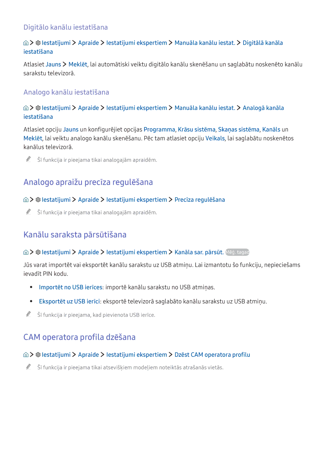 Samsung UE43KU6672UXXH Analogo apraižu precīza regulēšana, Kanālu saraksta pārsūtīšana, CAM operatora profila dzēšana 