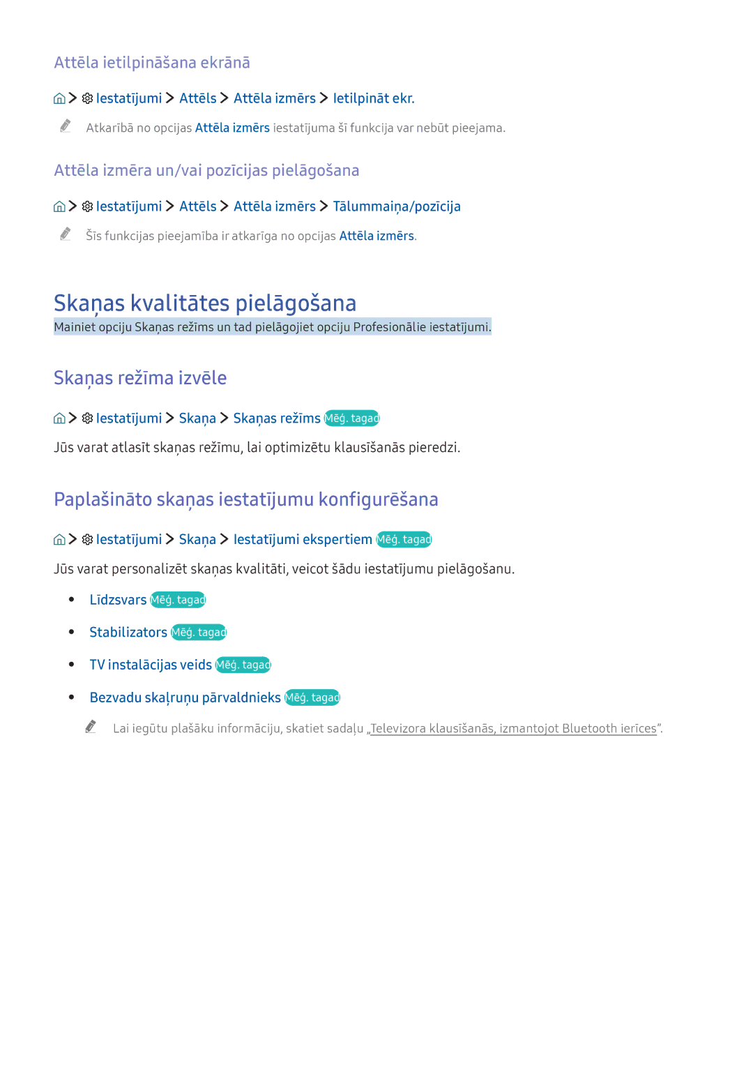 Samsung UE49KU6652UXXH Skaņas kvalitātes pielāgošana, Skaņas režīma izvēle, Paplašināto skaņas iestatījumu konfigurēšana 