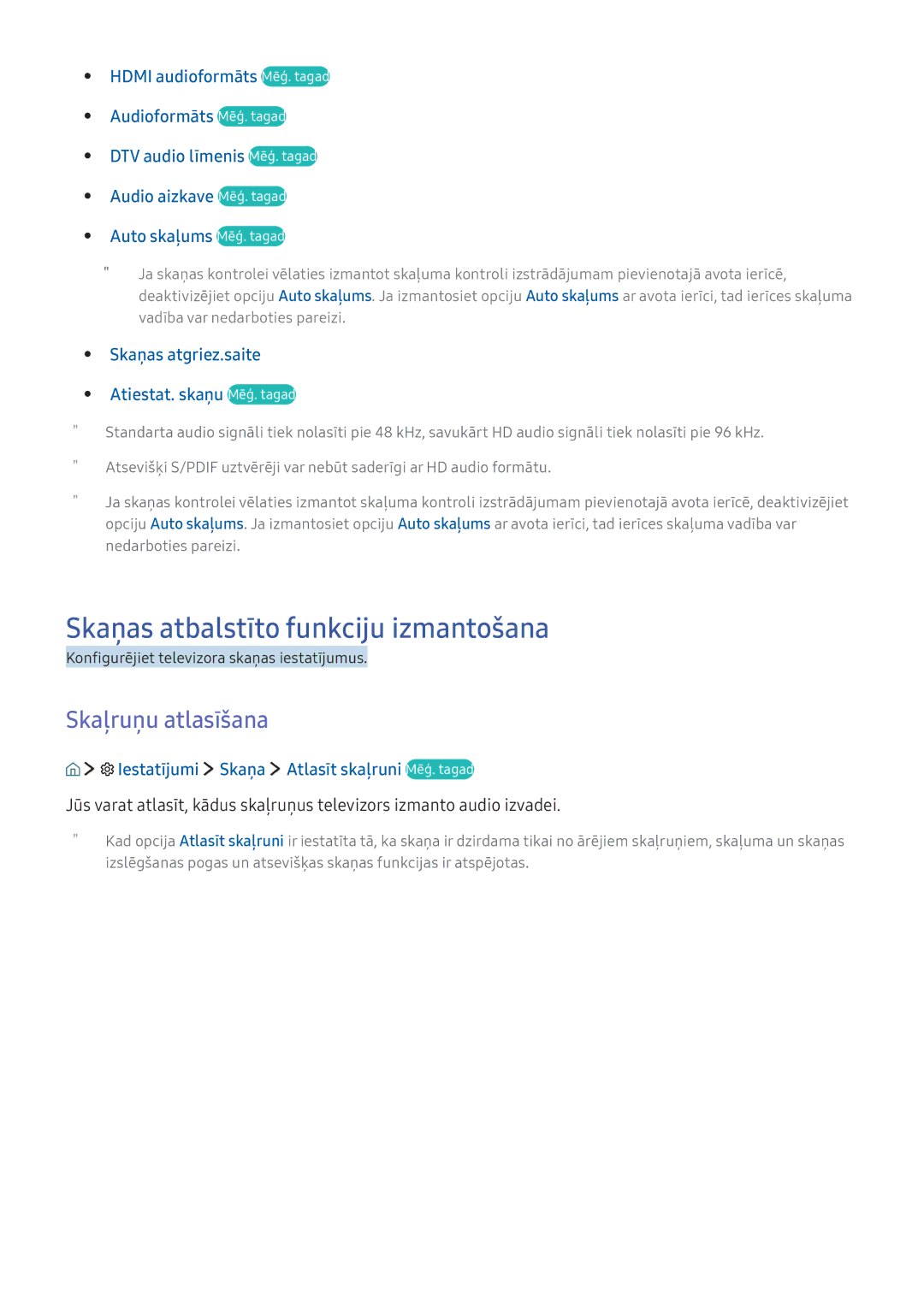 Samsung UE55KU6652UXXH, UE50KU6000WXXH, UE49KS9002TXXH manual Skaņas atbalstīto funkciju izmantošana, Skaļruņu atlasīšana 