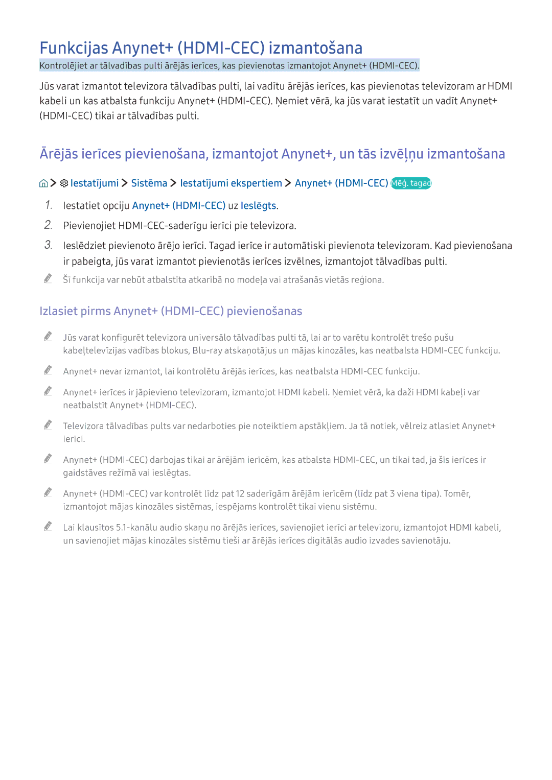 Samsung UE49KS9002TXXH manual Funkcijas Anynet+ HDMI-CEC izmantošana, Izlasiet pirms Anynet+ HDMI-CEC pievienošanas 