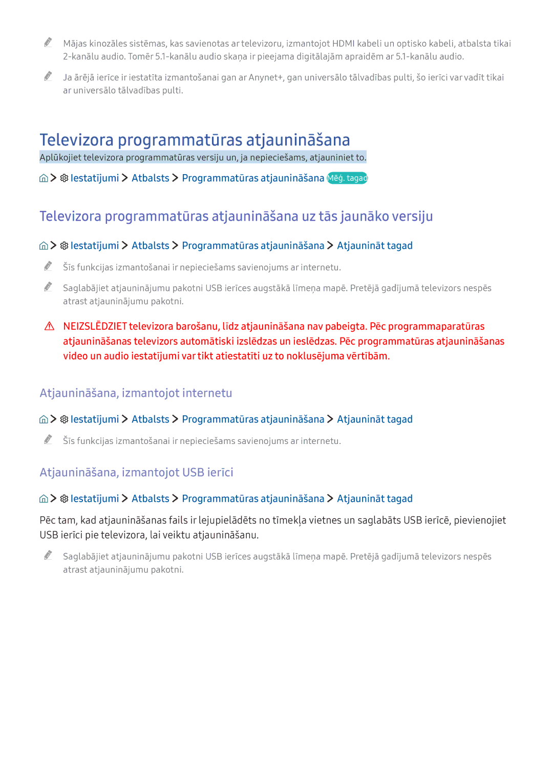 Samsung UE49KS7502UXXH, UE50KU6000WXXH manual Televizora programmatūras atjaunināšana, Atjaunināšana, izmantojot internetu 