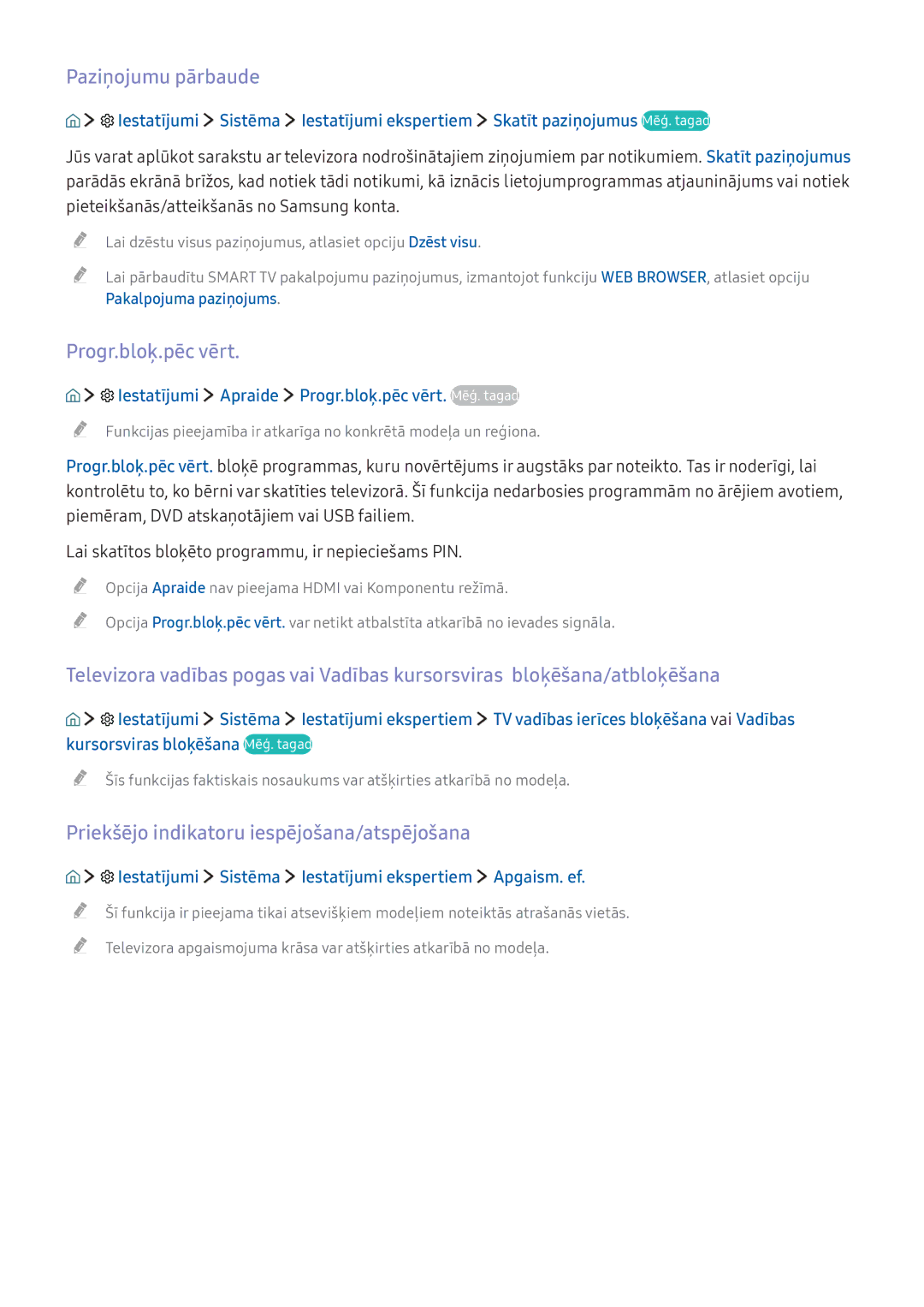 Samsung UE55KS7502UXXH manual Paziņojumu pārbaude, Progr.bloķ.pēc vērt, Priekšējo indikatoru iespējošana/atspējošana 