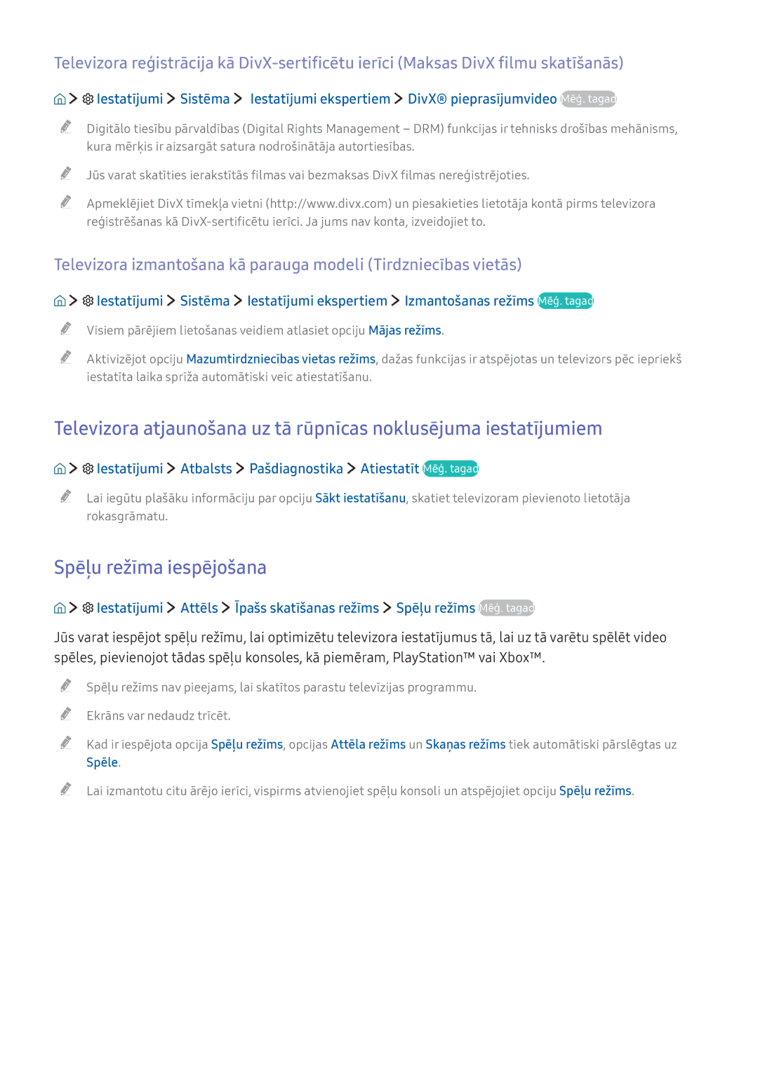 Samsung UE49KS8002TXXH, UE50KU6000WXXH Spēļu režīma iespējošana, Iestatījumi Atbalsts Pašdiagnostika Atiestatīt Mēģ. tagad 