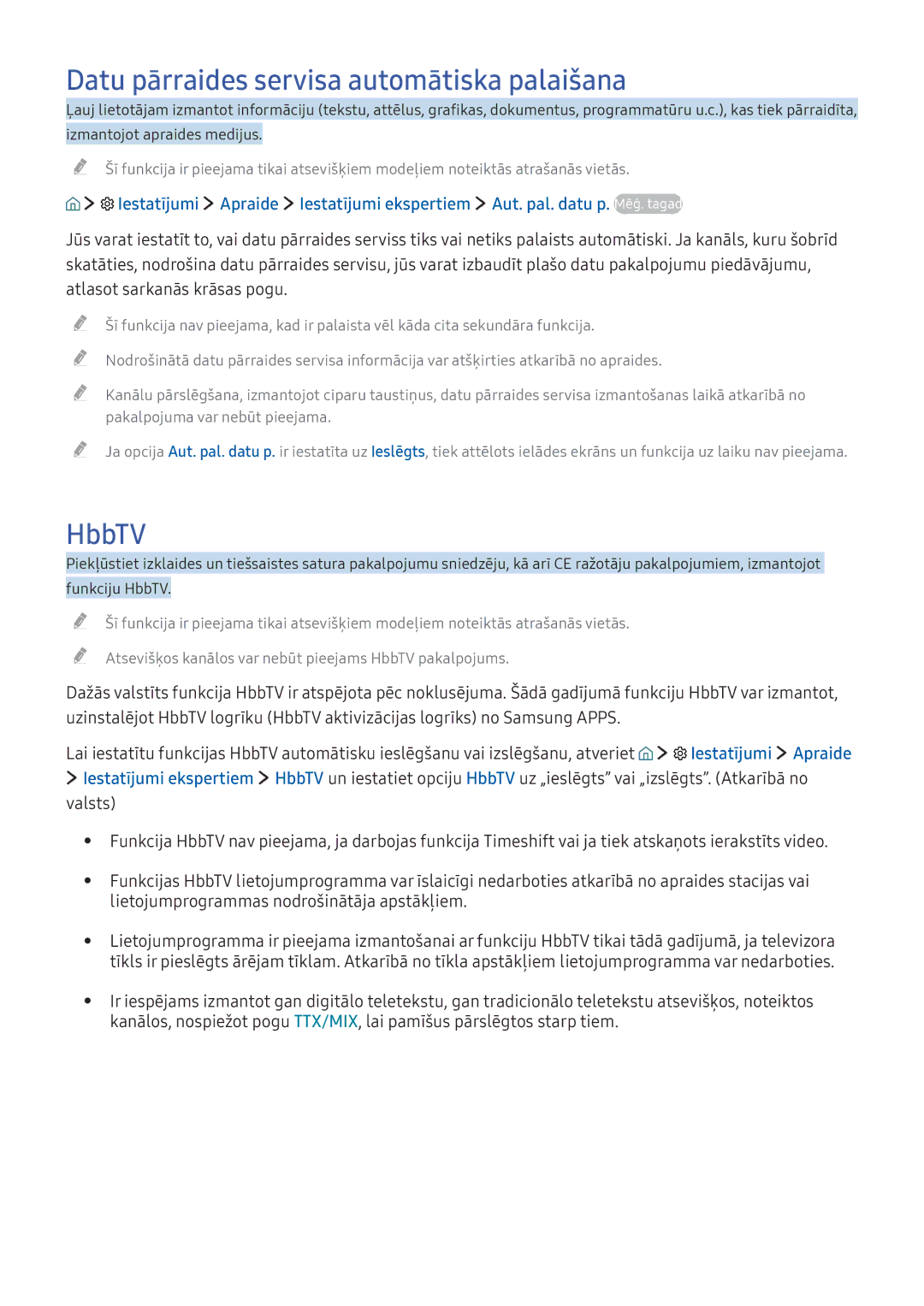 Samsung UE40KU6100WXXH, UE50KU6000WXXH manual Datu pārraides servisa automātiska palaišana, HbbTV, Iestatījumi Apraide 